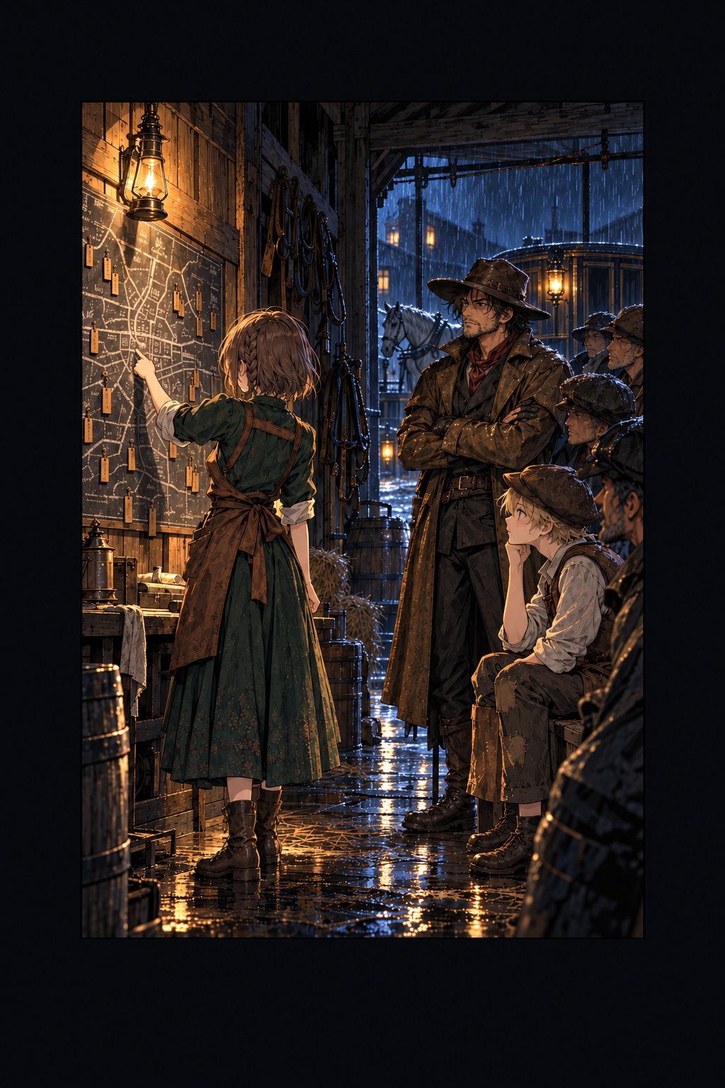 雨の夜の馬小屋。ランタンの下、壁の地図の前に立つチカ。濡れた外套のガロ・ピム・御者たちが、彼女の背中を見ている。