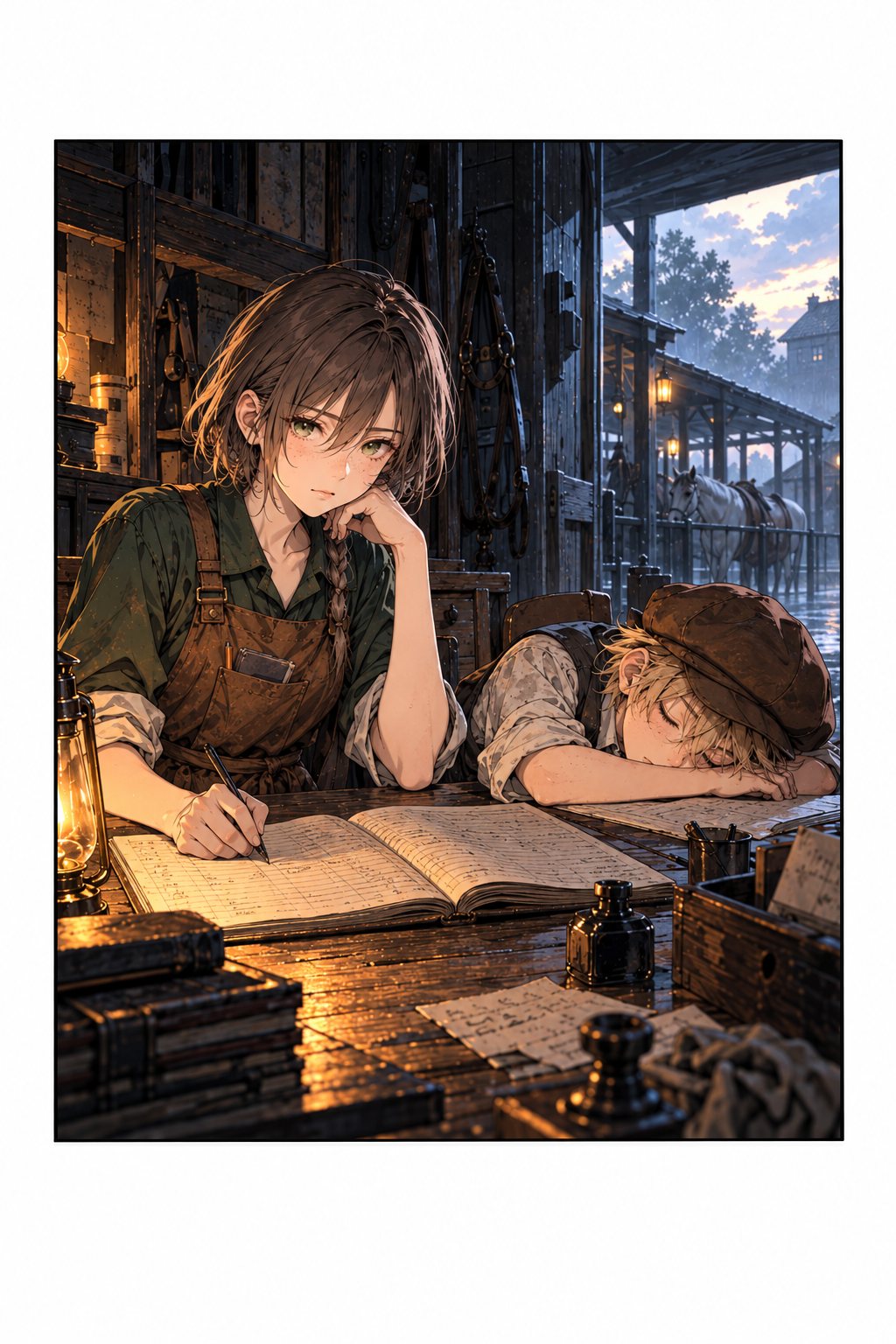 夜明けの馬小屋。帳場の机に突っ伏して眠るピム。その横で、帳面を開いたまま目を上げるチカ。