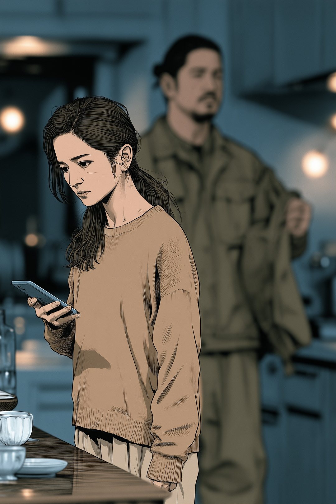 夜の賃貸の部屋の台所。テーブルの横に立ったまま、スマホの画面を見つめる女性。うしろに、上着を脱ぎかけた背の高い男性がぼんやり見える。