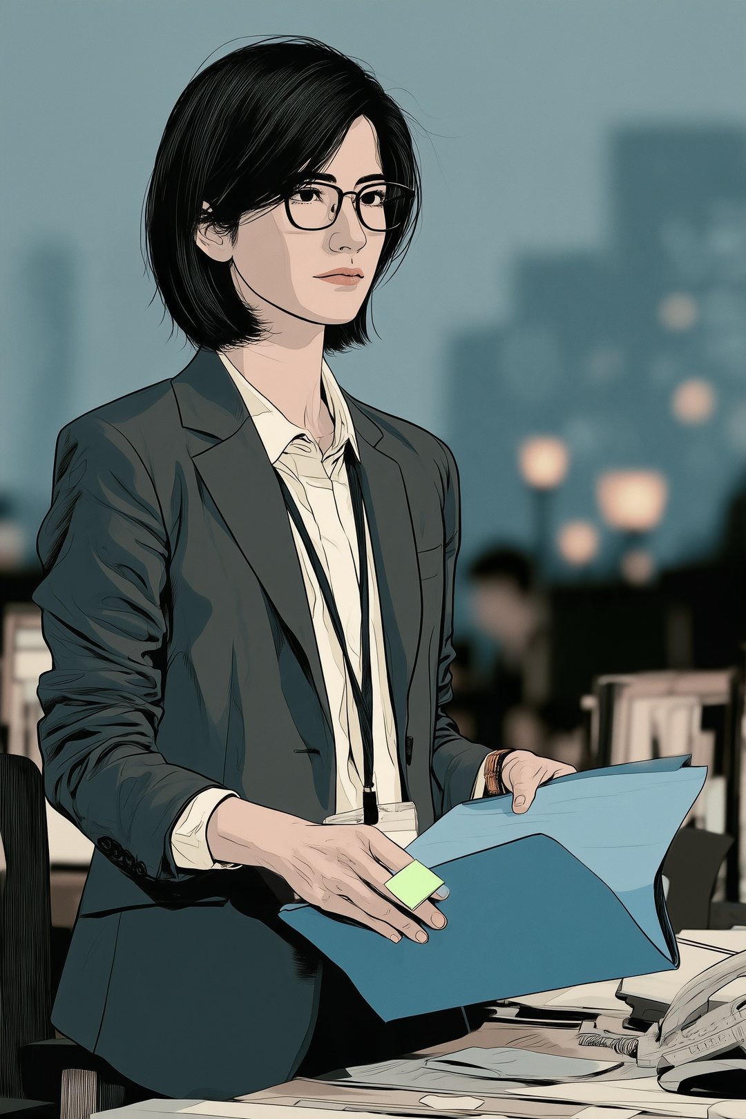 机で青い紙の挟みを開く女性。黒髪のボブを左の耳にかけ、細い四角い眼鏡。左の人差し指に若苗色の付箋を一枚貼っている。うしろの事務所はぼけている。