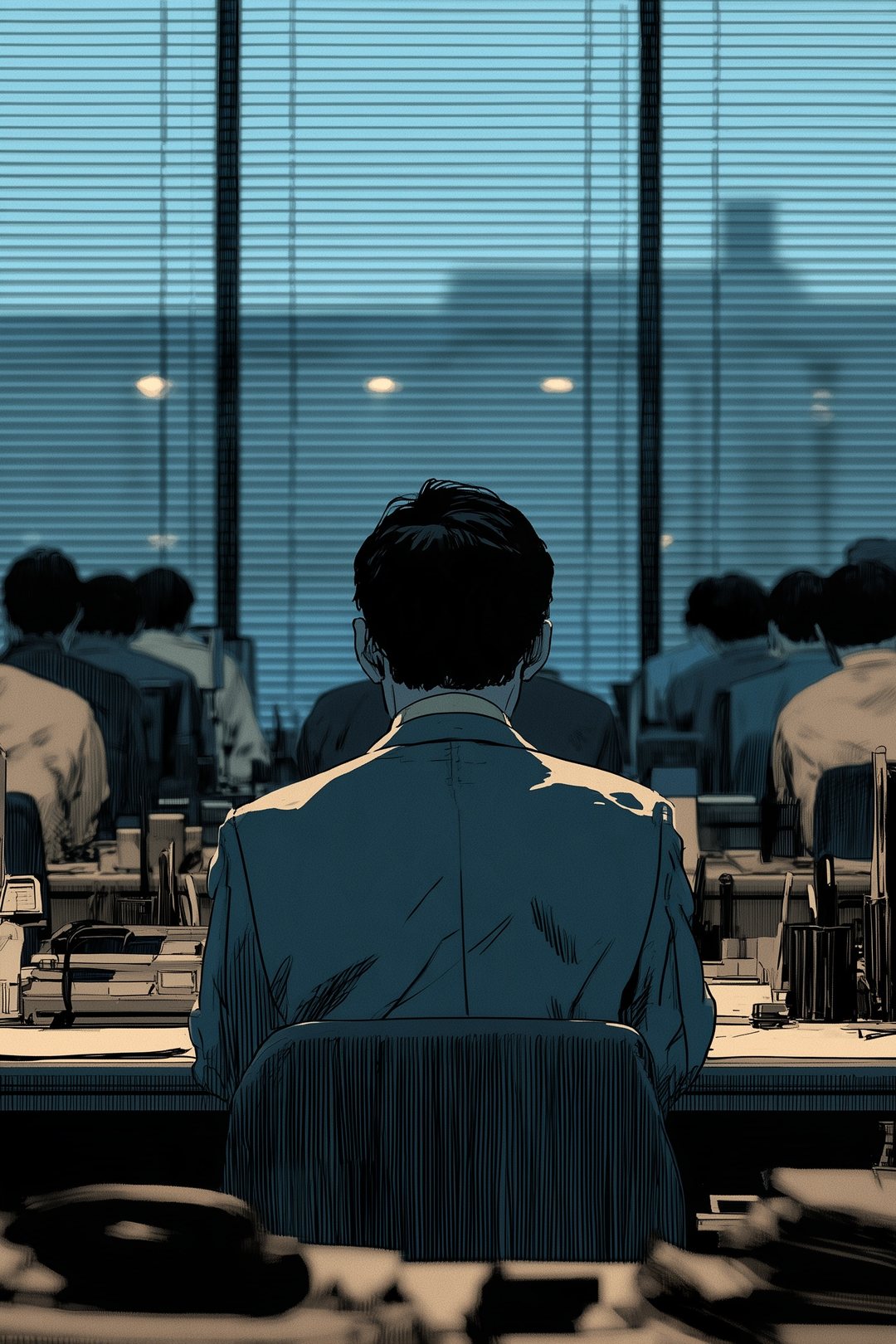 正面から見た審査部の机の列。左右対称に並ぶ机と、窓のブラインド。ほとんどの人は顔の見えない後ろ姿で、真ん中の机にだけピントが合っている。