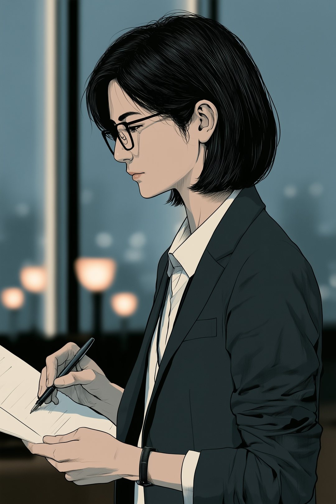 書類に目を落とす女性の横顔の寄り。ペンの先を紙の一か所に当てたまま止めている。うしろの窓の光がぼけている。