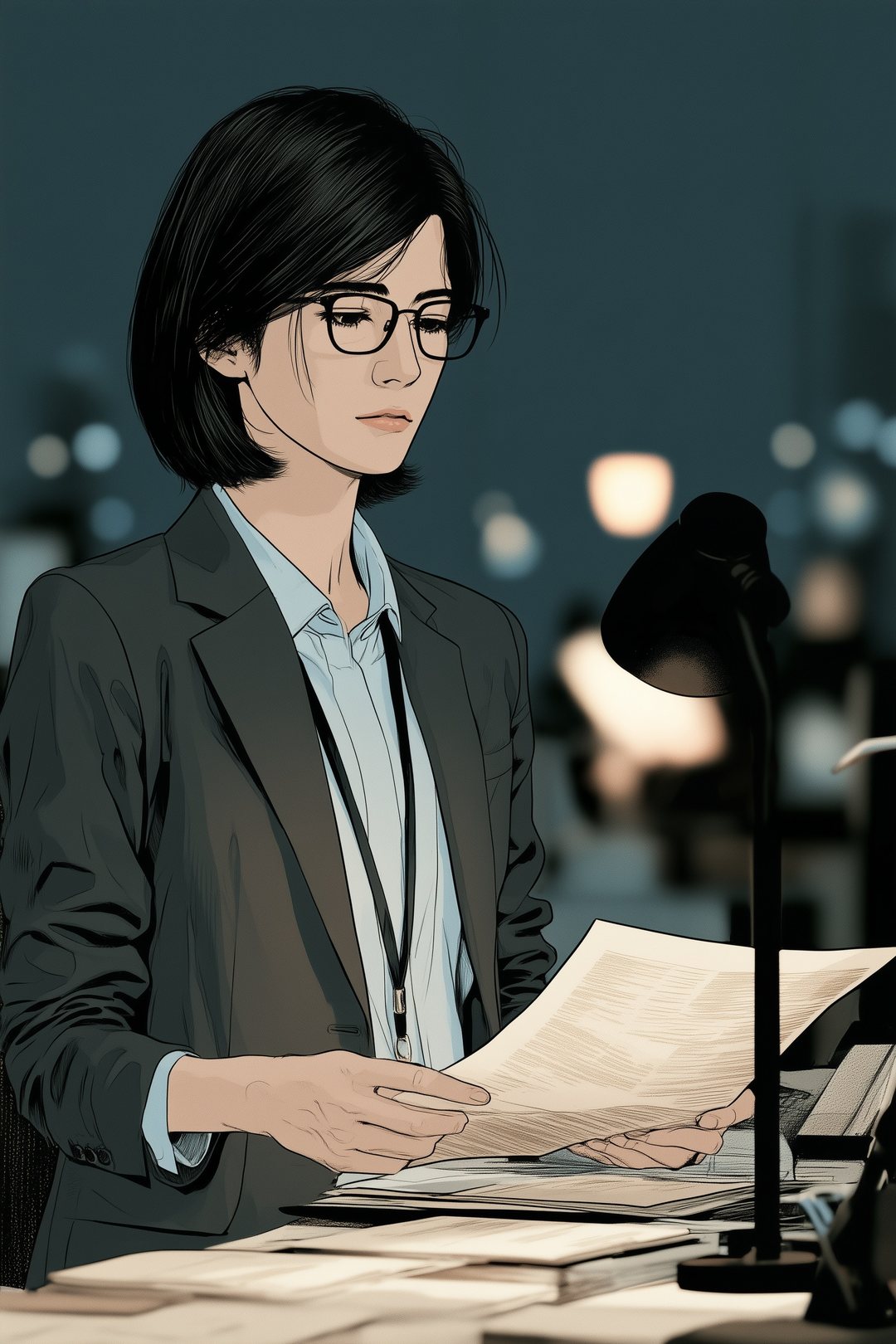 夜の審査部。ほとんどの席が空いた中、机のスタンドの明かりの下で書類を読む女性。