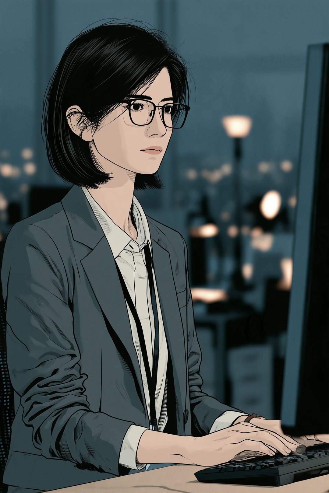 パソコンの画面の前で、手を止めて画面を見つめる女性。夕方の暗くなりかけた事務所。