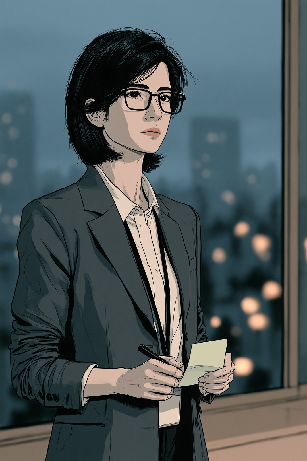 暮れていく街を背に、窓ぎわに立つ女性。手の中の若苗色の付箋に、何かを書きかけて止まっている。