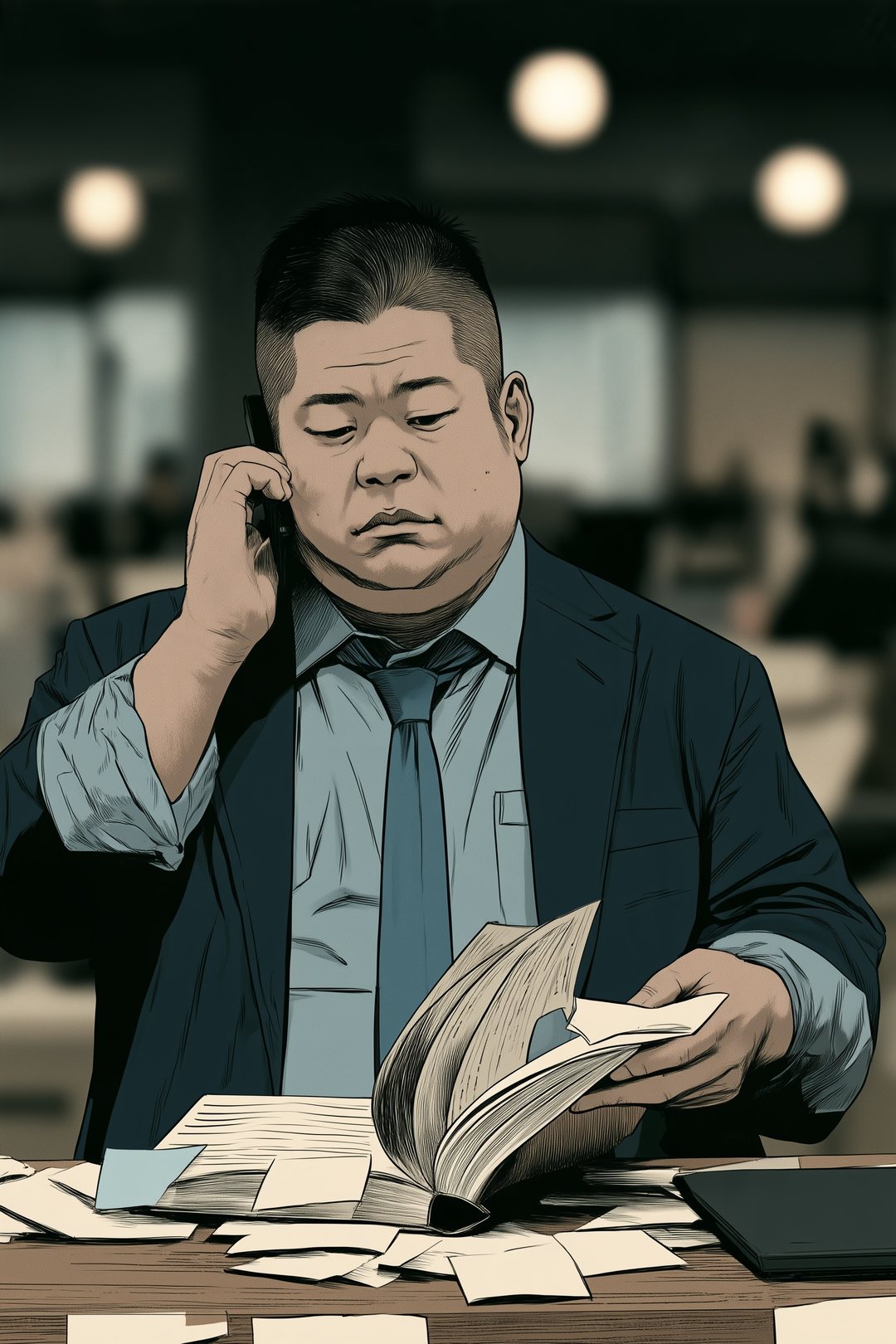 支店の机で、受話器を肩にはさんだまま分厚い手帳をめくる丸顔の若い男性。手帳から付箋がはみ出している。うしろはぼけている。