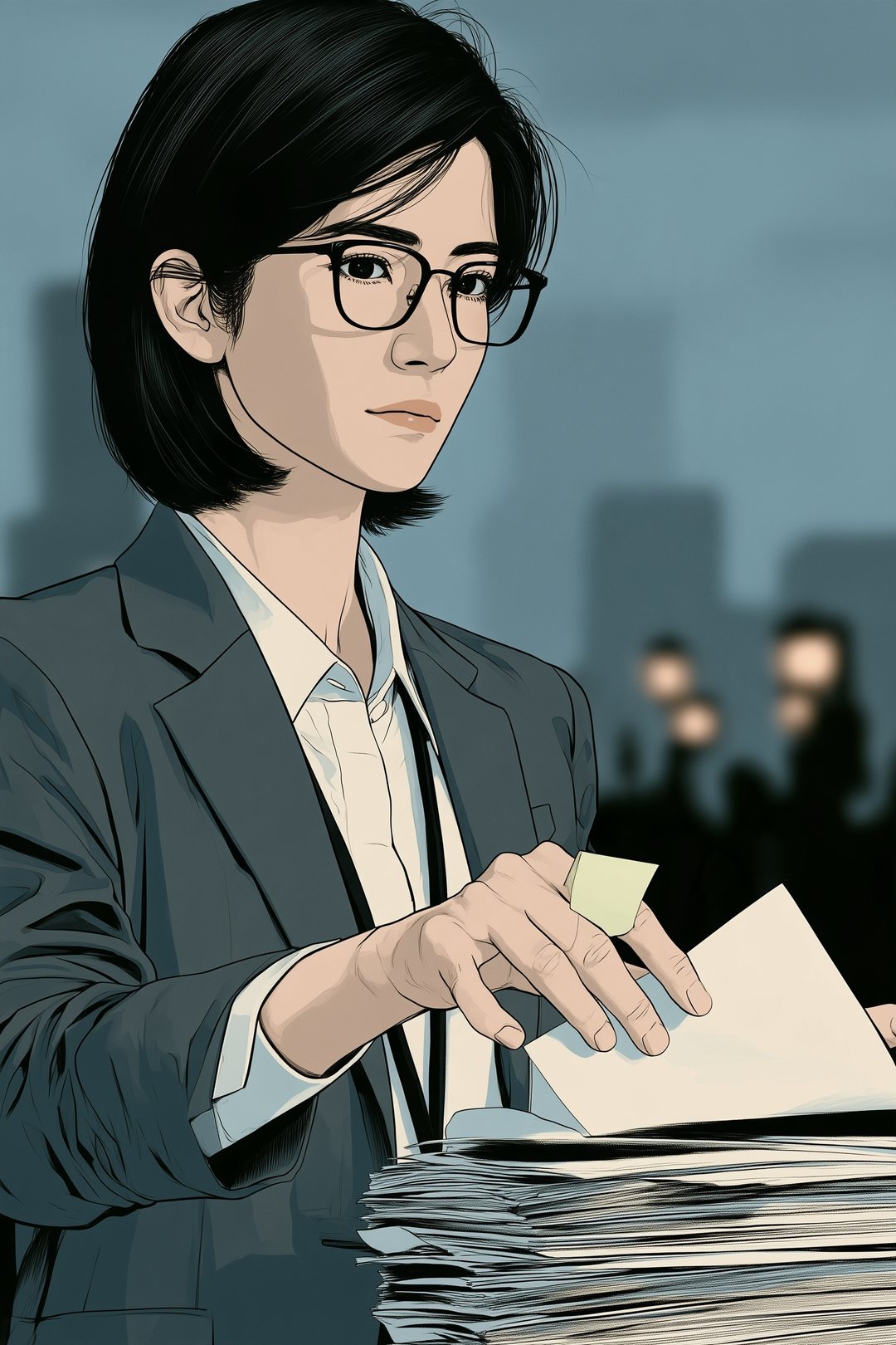 書類の山から一枚を引き抜く女性の手の寄り。人差し指に若苗色の付箋。