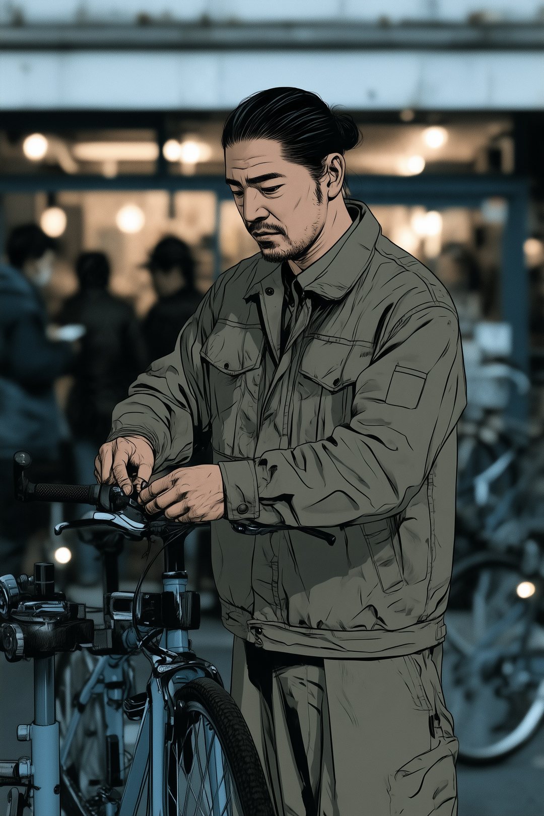 昼の自転車店の作業場。台に掛けた自転車のブレーキを調整する背の高いひげの男性。店先の客と自転車の列はぼけている。