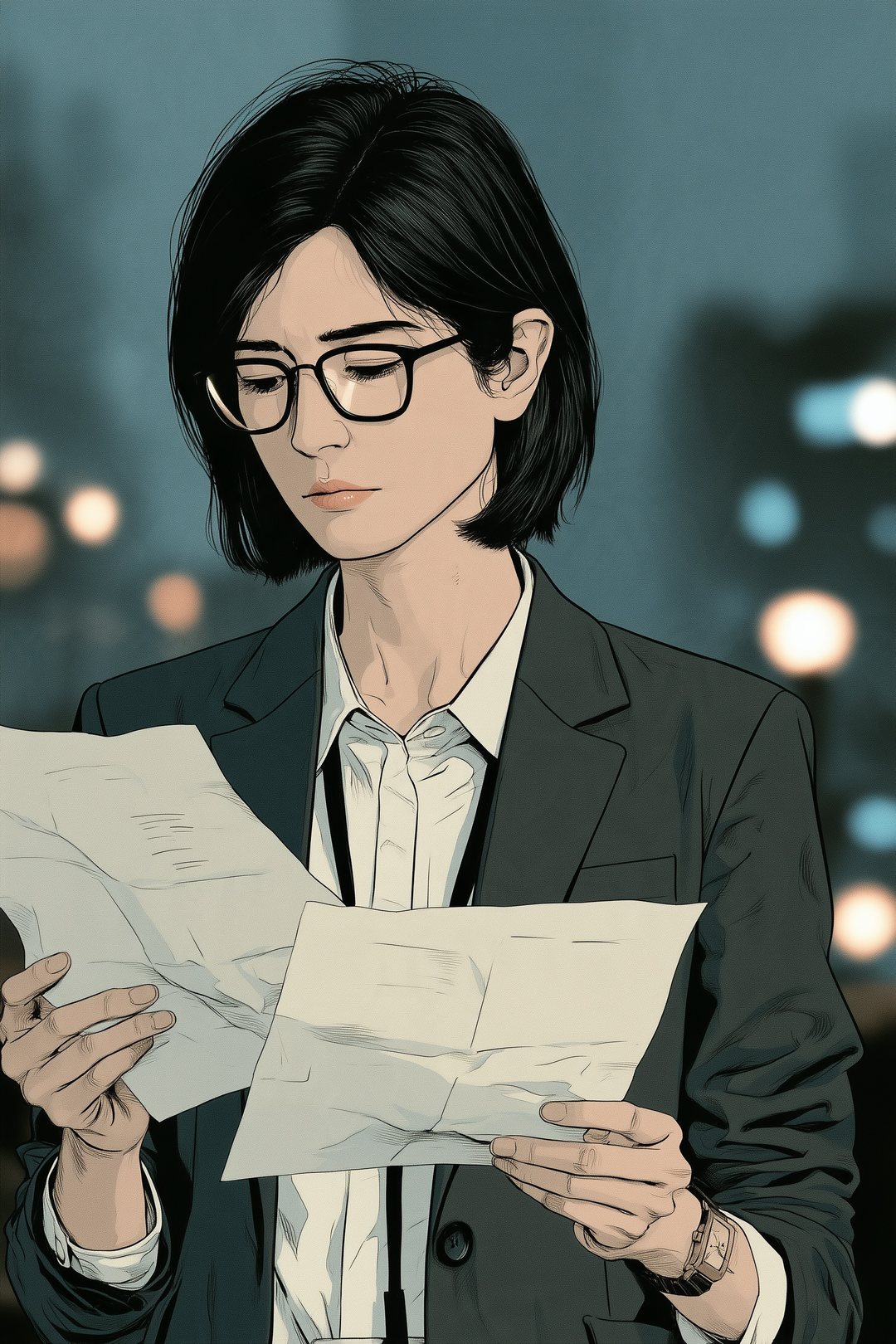 二枚の紙を左右の手に持ち、見比べる審査役の女性の顔の寄り。眼鏡の奥の目が左の紙に向いている。
