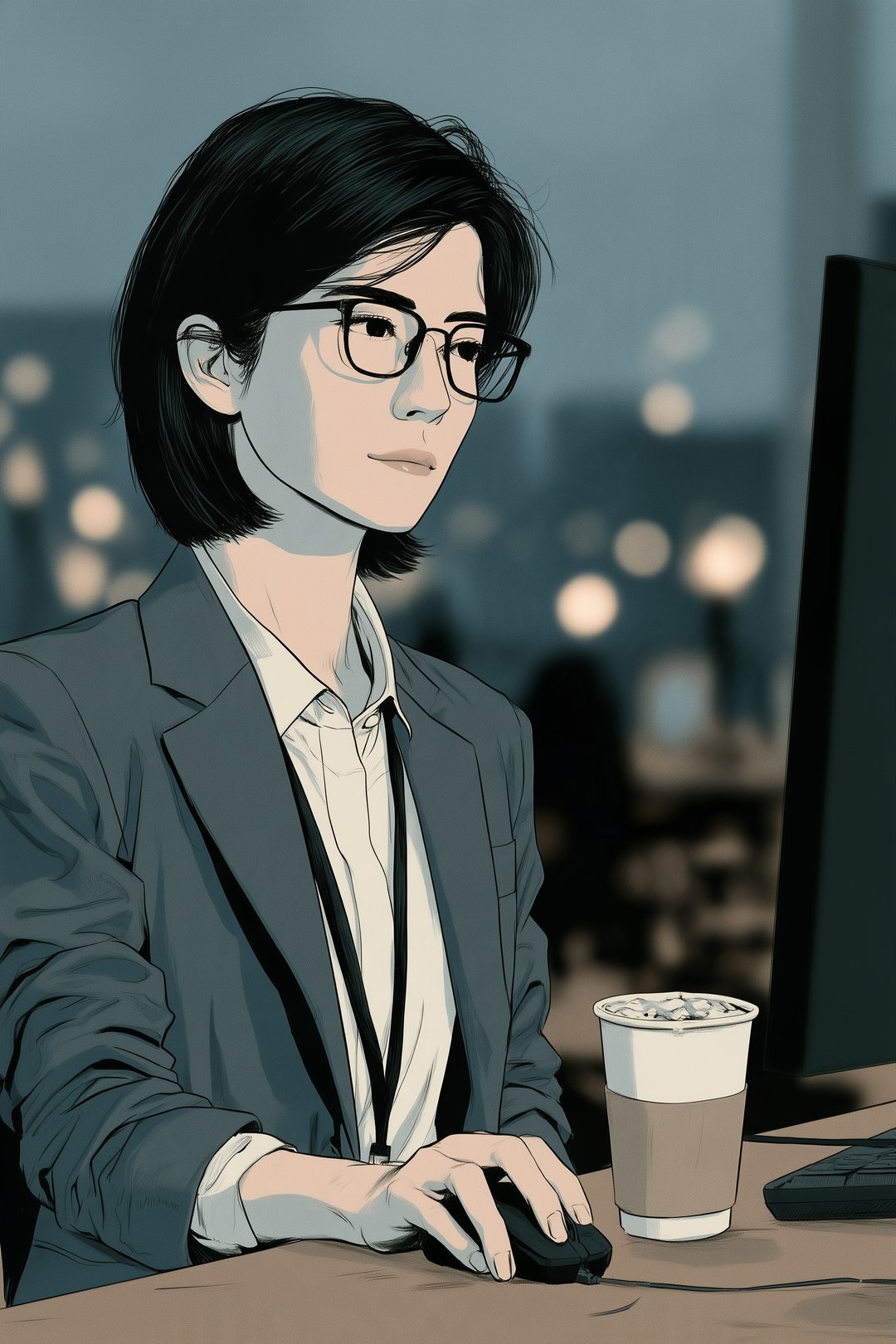 画面に向かい、マウスに手を置いたまま首をかしげる審査役の女性。机の上に湯気の消えた紙コップ。