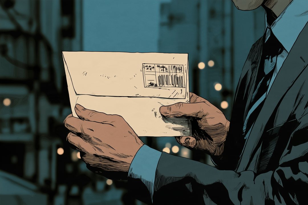 白い封筒の寄り。前の住所から転送された印のシール。差出人の欄は読めない。