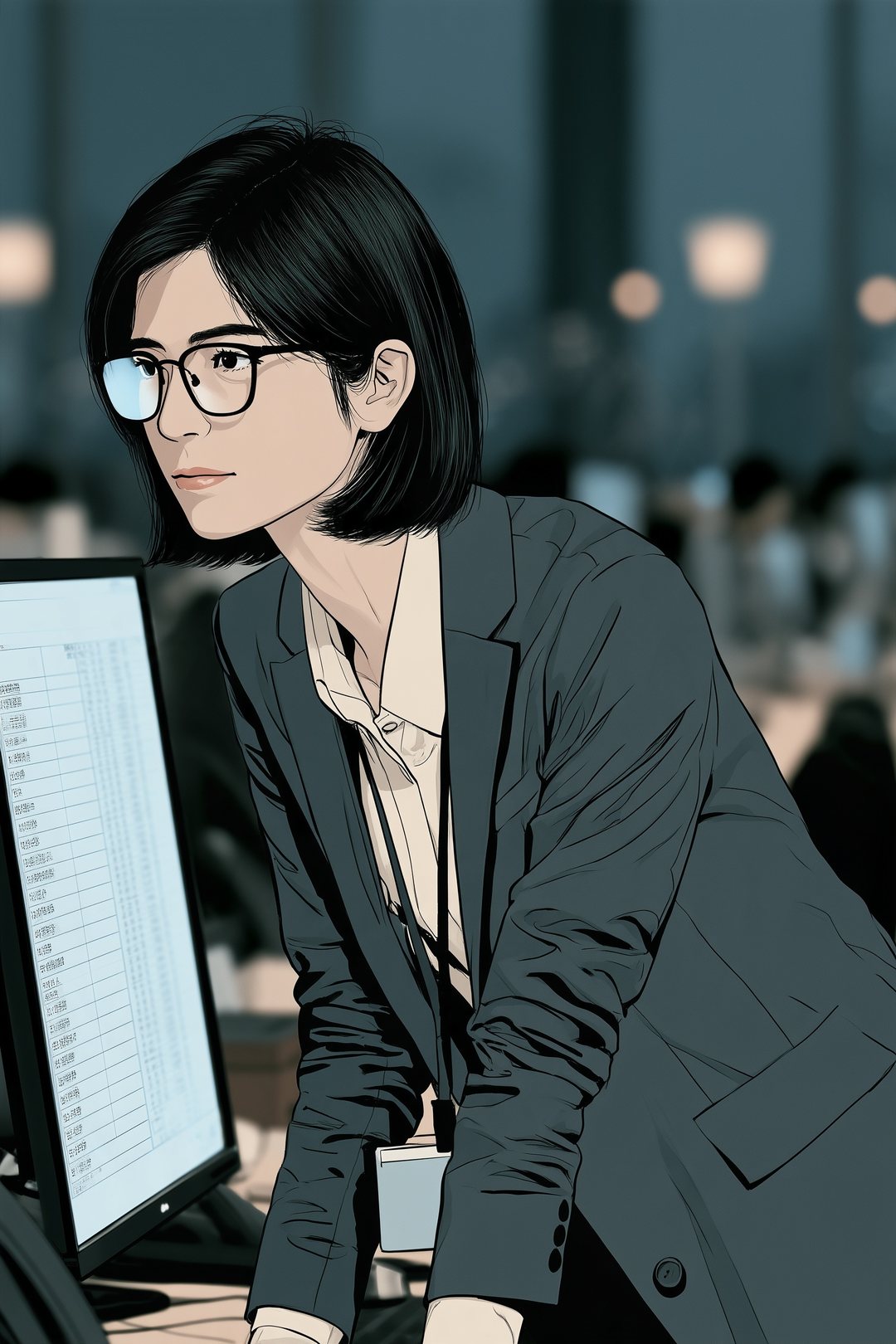 夜の審査部。パソコンの画面に信用情報の照会の明細を開き、身を乗り出す審査役の女性。画面の光が眼鏡に映る。