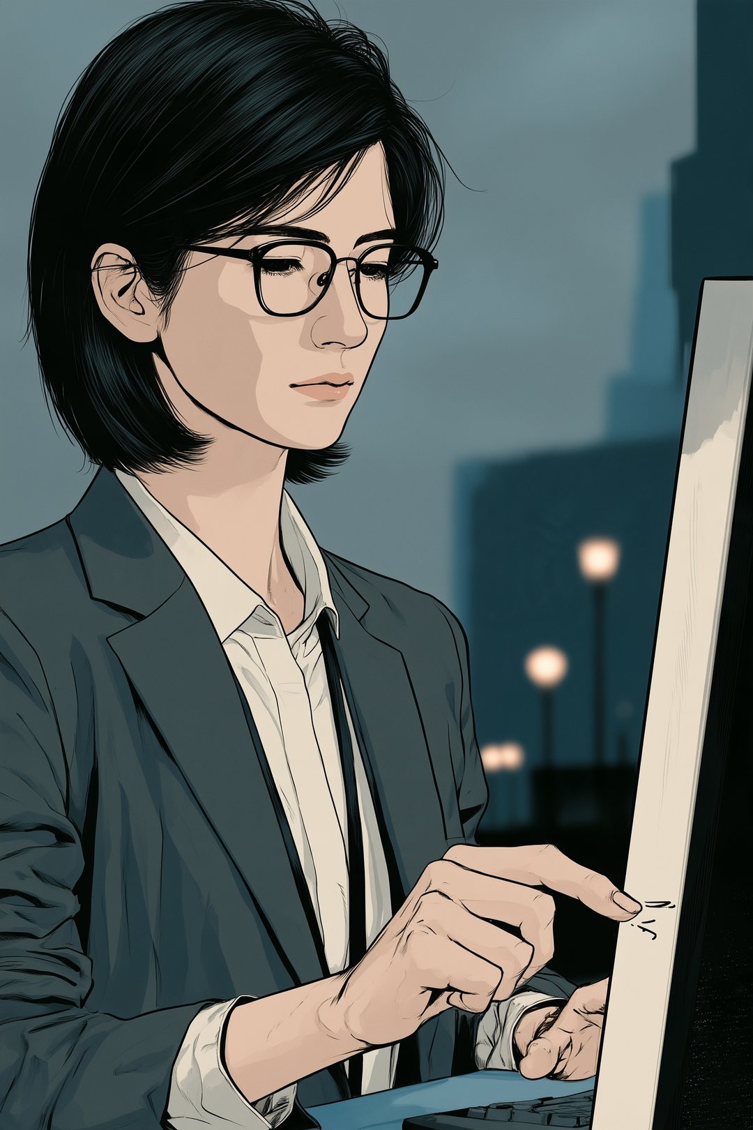 画面の明細を指でなぞる審査役の女性の手の寄り。指が一つの行の上で止まる。行の字は読めない線。