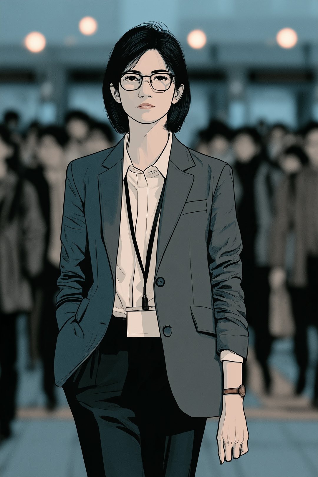 朝の駅の改札を出て歩く人の流れ。ぼけた人の波の中で、ピントの合った背の高い眼鏡の女性が一人、前を見て歩いている。