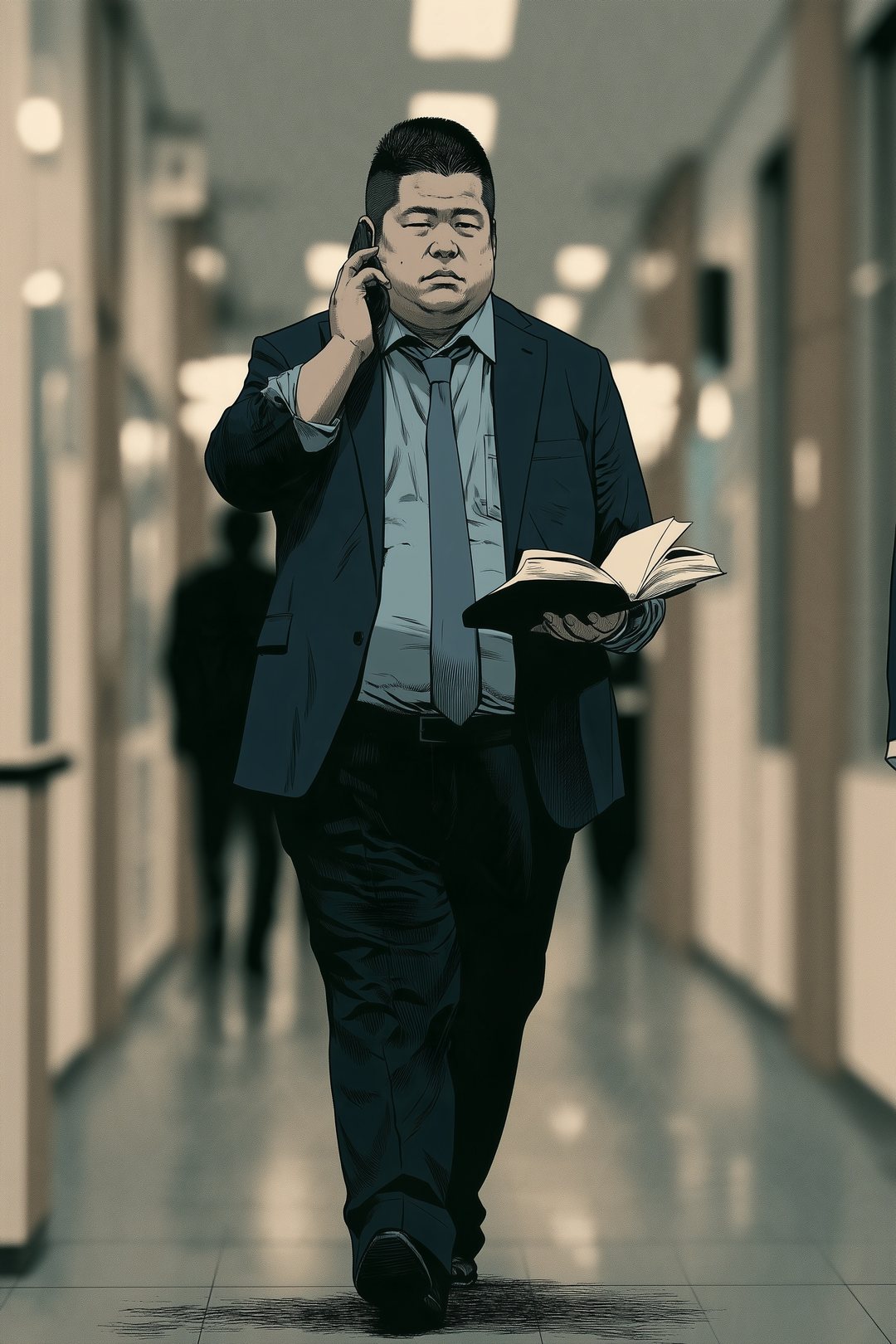 朝の支店の通路。スマホを耳に当て、手帳を開いて早足で歩く丸顔の若い男性。