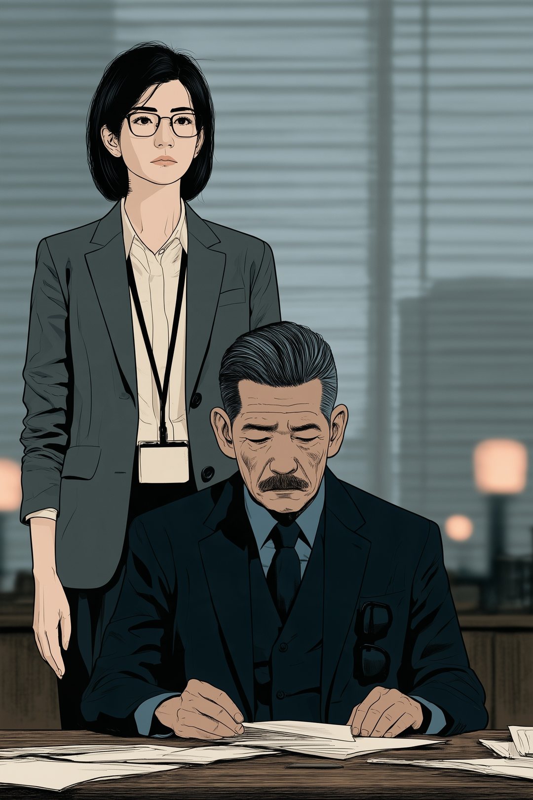次長の机の前に立つ審査役の女性と、座って書類から目を上げない次長。窓とブラインドを背にした、正面の左右対称の構図。