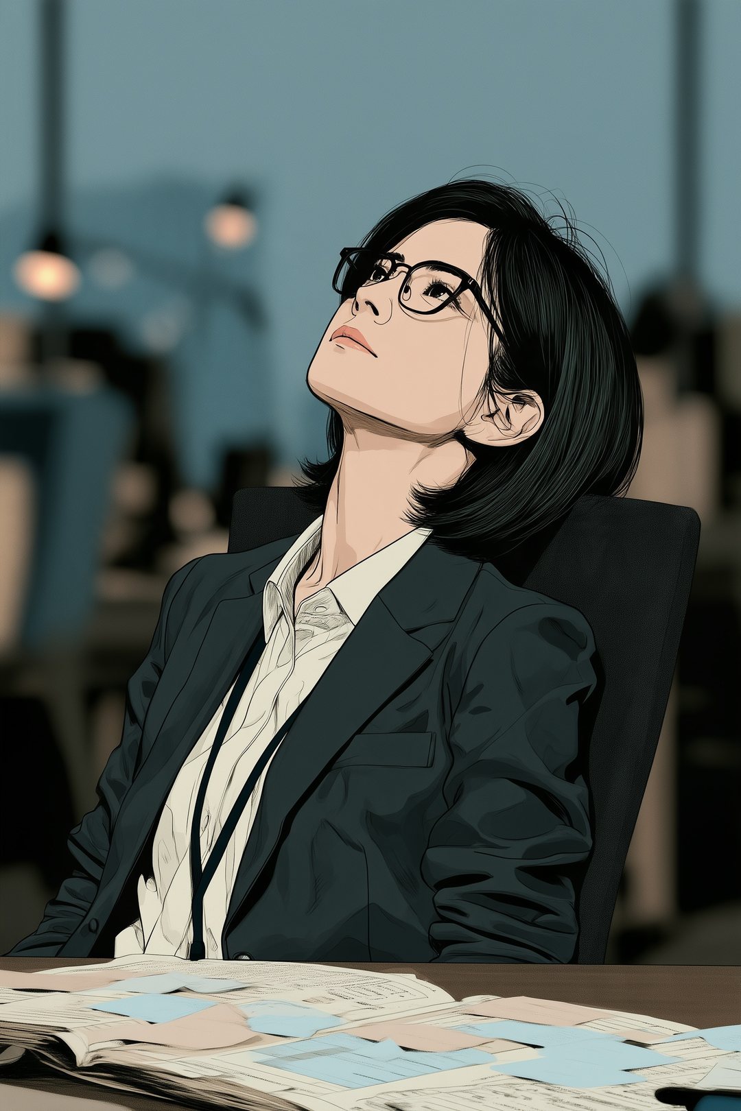 自分の机に戻り、椅子に深く座ったまま天井を仰ぐ審査役の女性。机の上に付箋が何枚も貼られた稟議書。