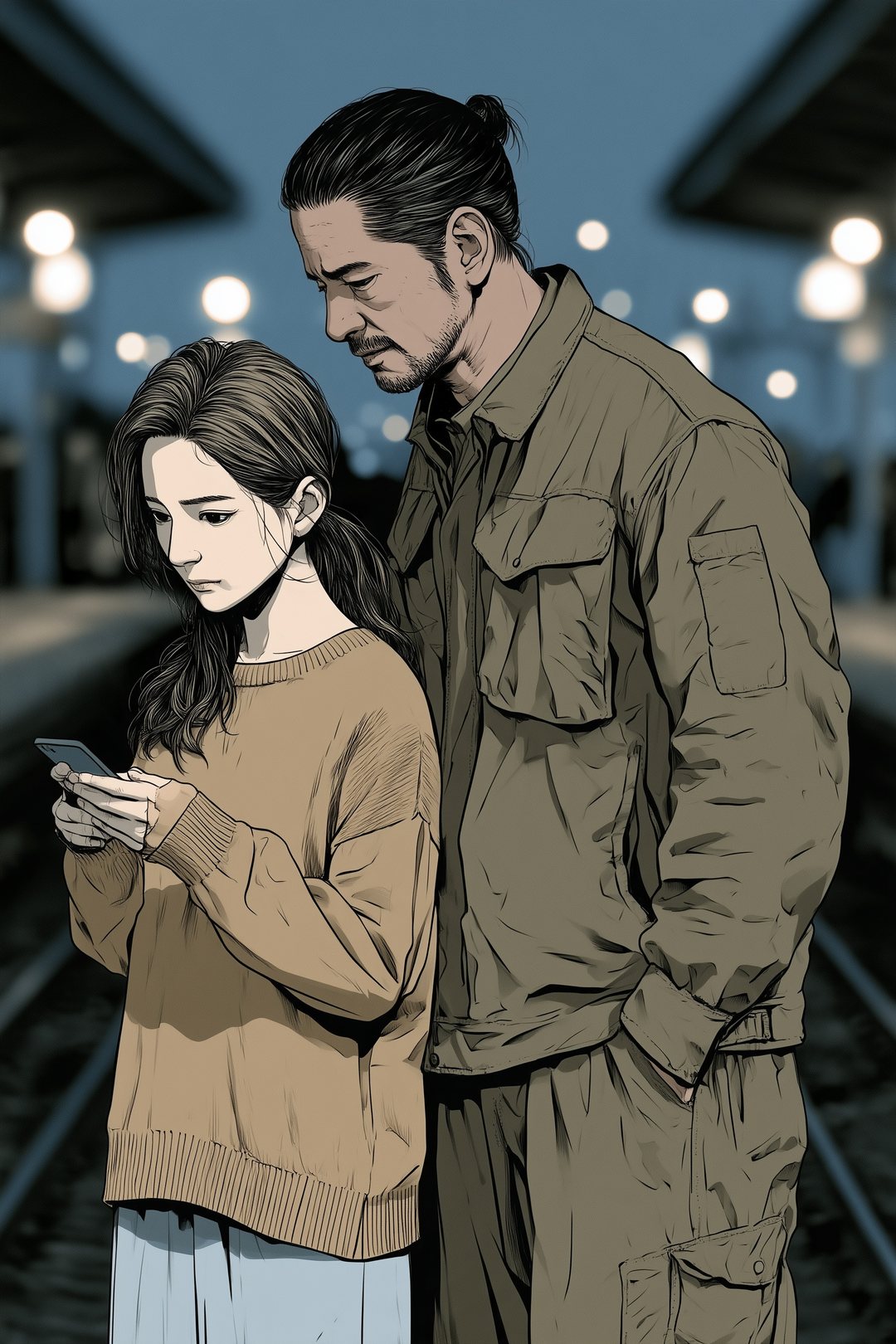 線路の向こうのホーム。並んで立つ夫婦。小柄な妻がスマホの画面を見て固まり、背の高い夫がのぞき込む。