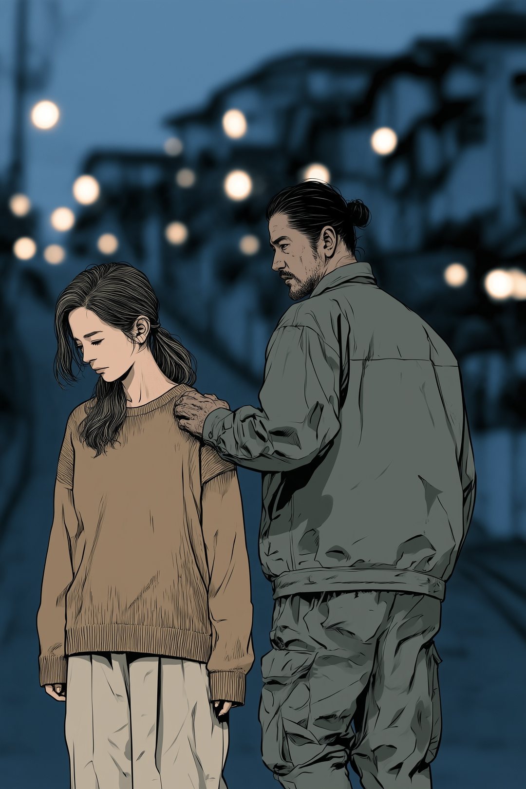 夜の住宅街の坂道。並んで歩く夫婦の後ろ姿。小柄な妻がうつむき、背の高い夫がその肩に手を置く。街灯の光がぼけている。