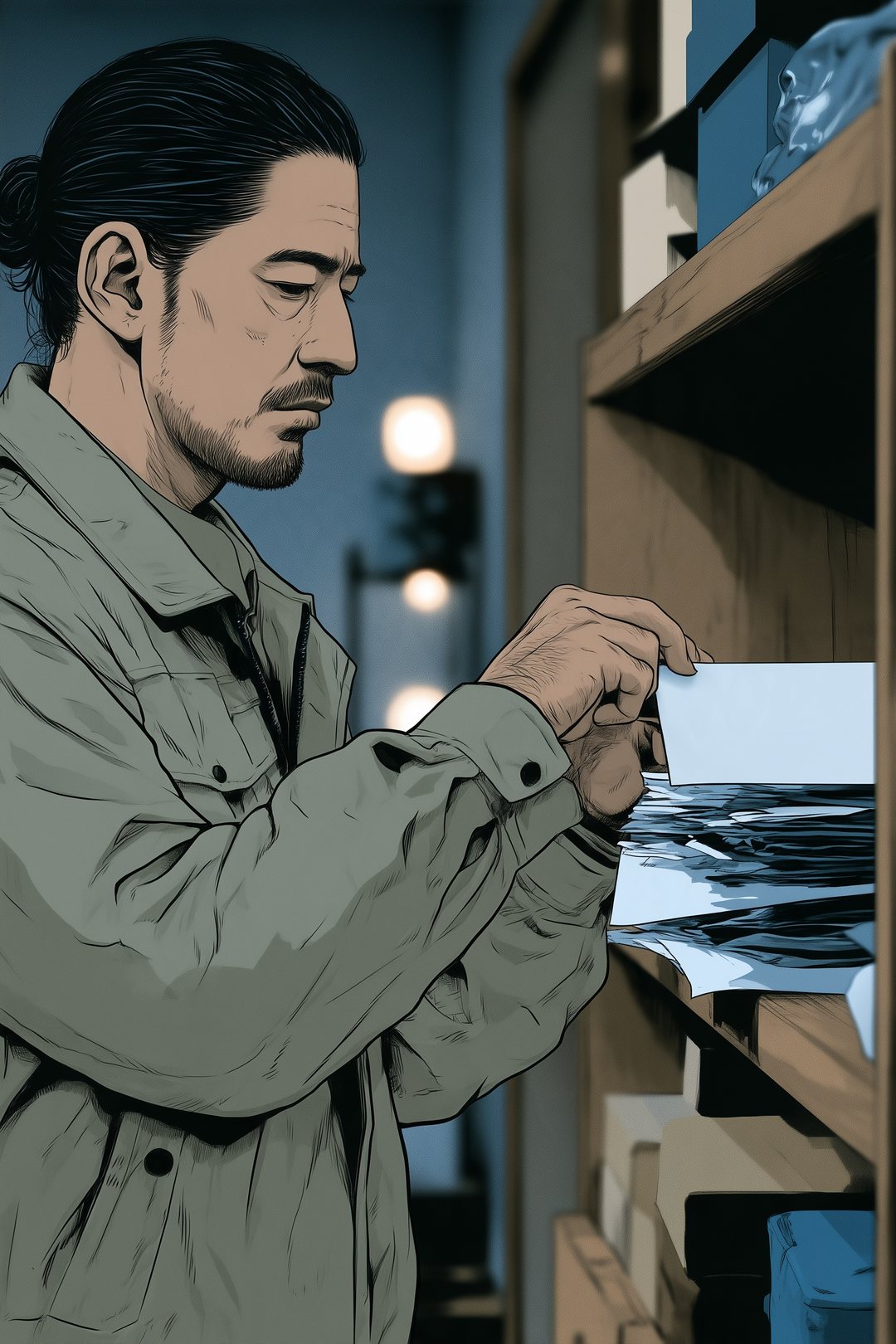 夜の賃貸の部屋。棚の郵便物の束の下から、白い封筒を引き抜く背の高い男性の手。