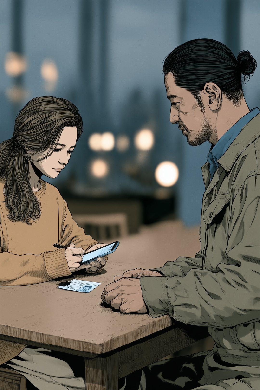 昼の部屋の食卓。スマホで何かの申込みの画面を開き、本人確認の書類を横に置く小柄な女性。向かいに座る背の高い男性の手。
