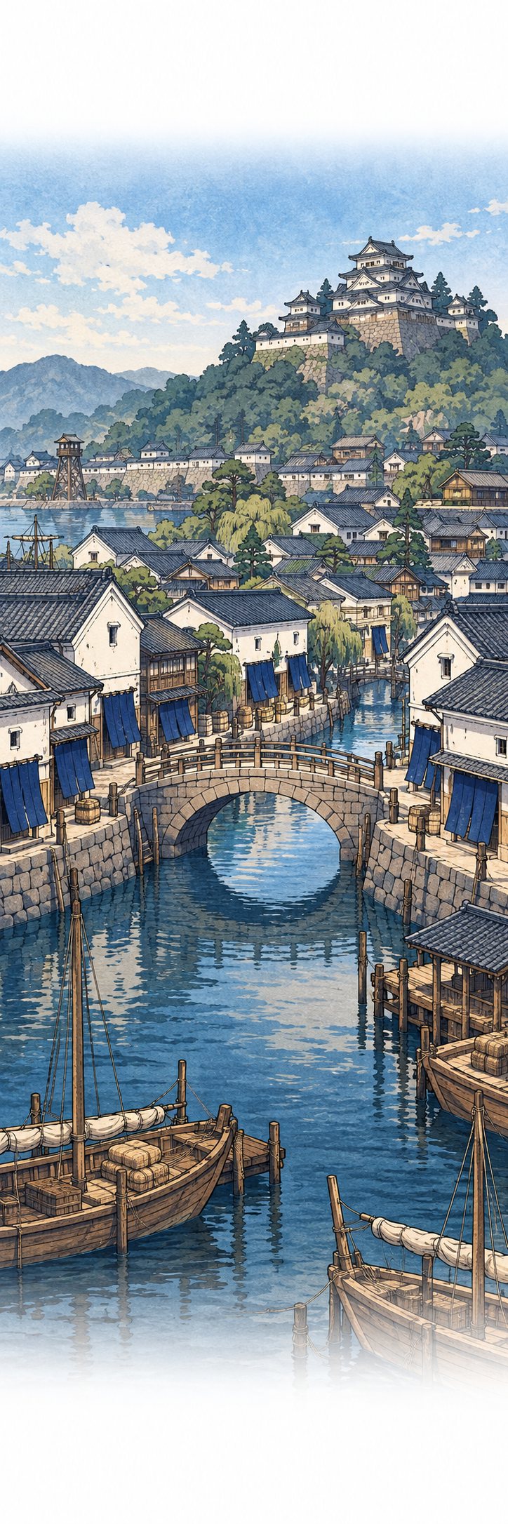 朝の港の城下町。丘の上の城、白壁の蔵の並び、藍の暖簾、帆を下ろした船。