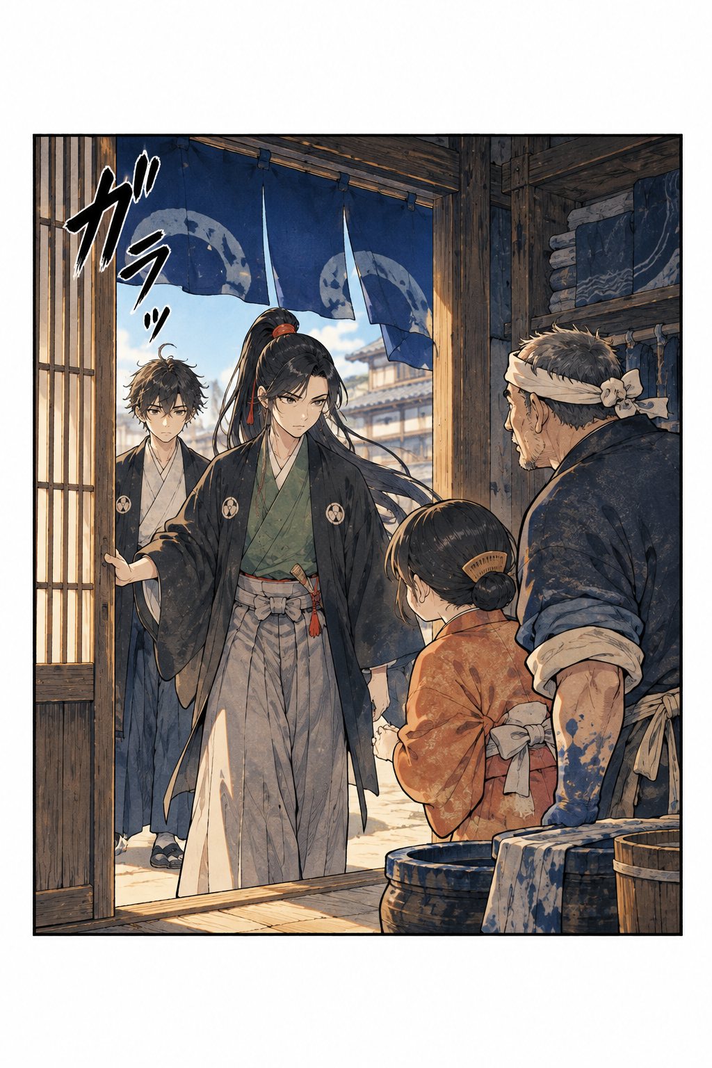昼の紺屋の前。藍の暖簾の下で、志乃が戸口に立ち、宗吉とお糸が身を固くして迎える。「ガラッ」の描き文字。