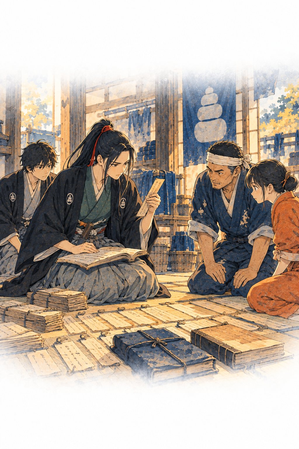 畳の上に年ごとに並べられた札の束と、亡き妻の大福帳と、真新しい帳。志乃が一冊を手に取る。