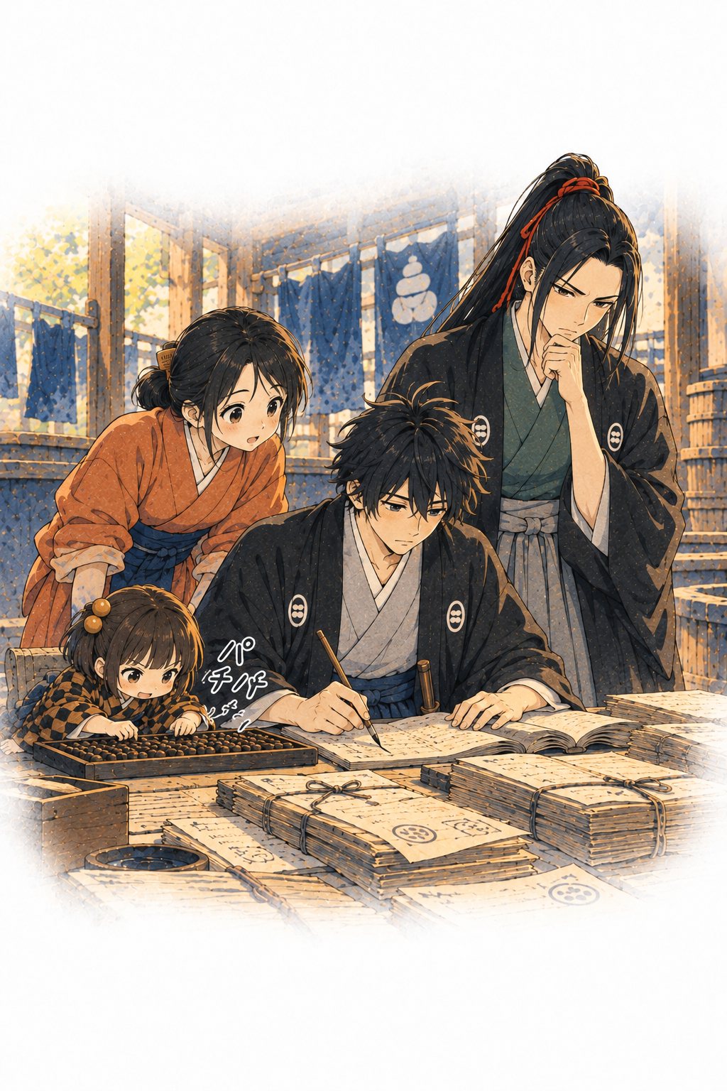 紺屋の板の間。小さな付喪神が算盤をはじき、伊織が藍の量と反物の数を書き付ける。お糸と志乃が肩越しにのぞく。「パチパチ」の描き文字。