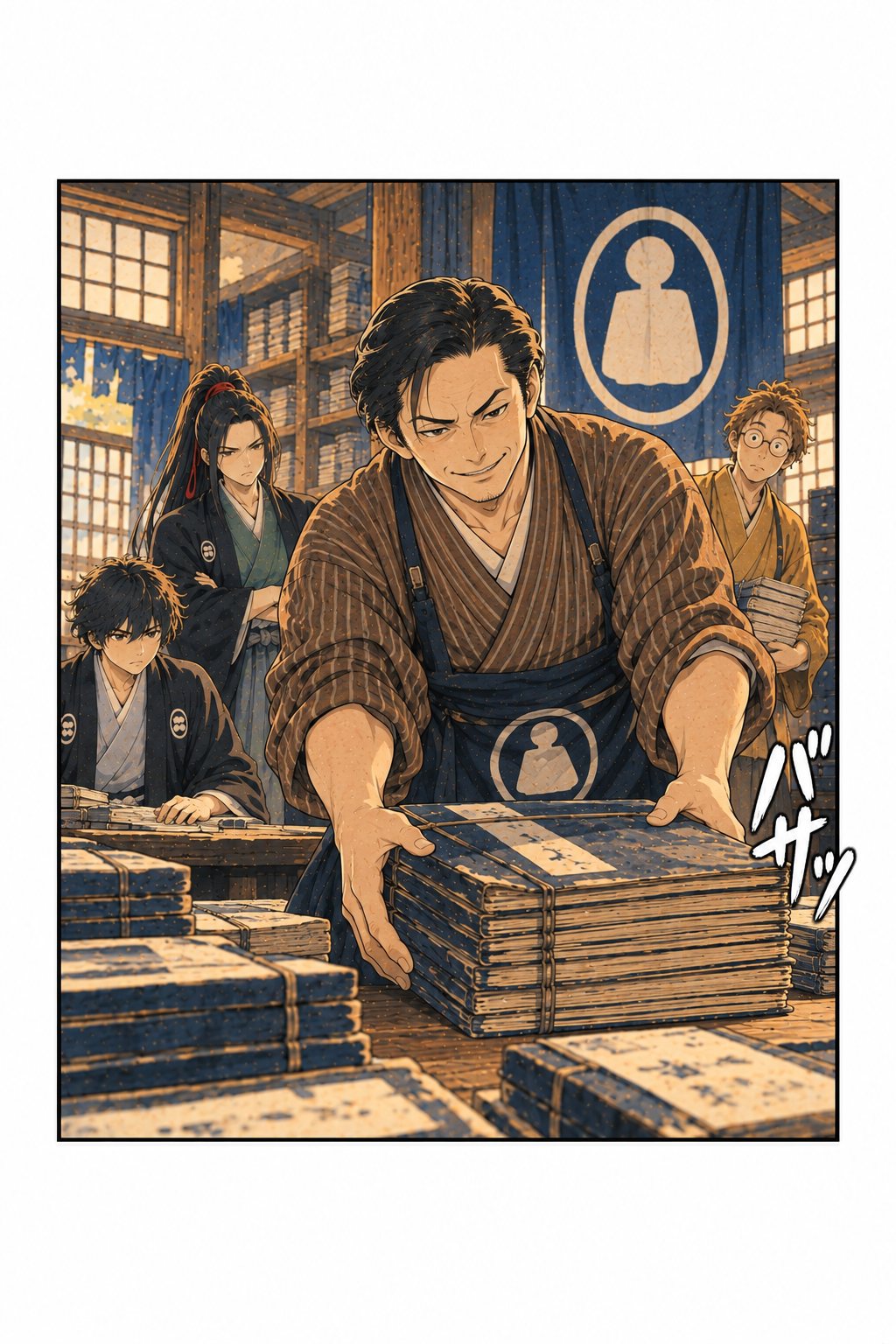 升屋の帳場。番頭の嘉平が、にこやかに分厚い帳を何冊も机に積み上げる。「バサッ」の描き文字。