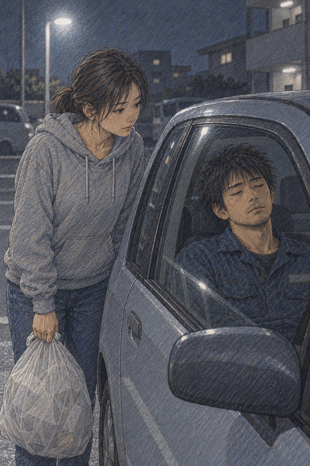 夜のアパートの駐車場。左で、ゴミ袋を手にした女性が、止まった軽自動車の運転席をのぞき込む。車の中では、紺の作業着の男が座ったまま眠っている。街灯の青白い光。