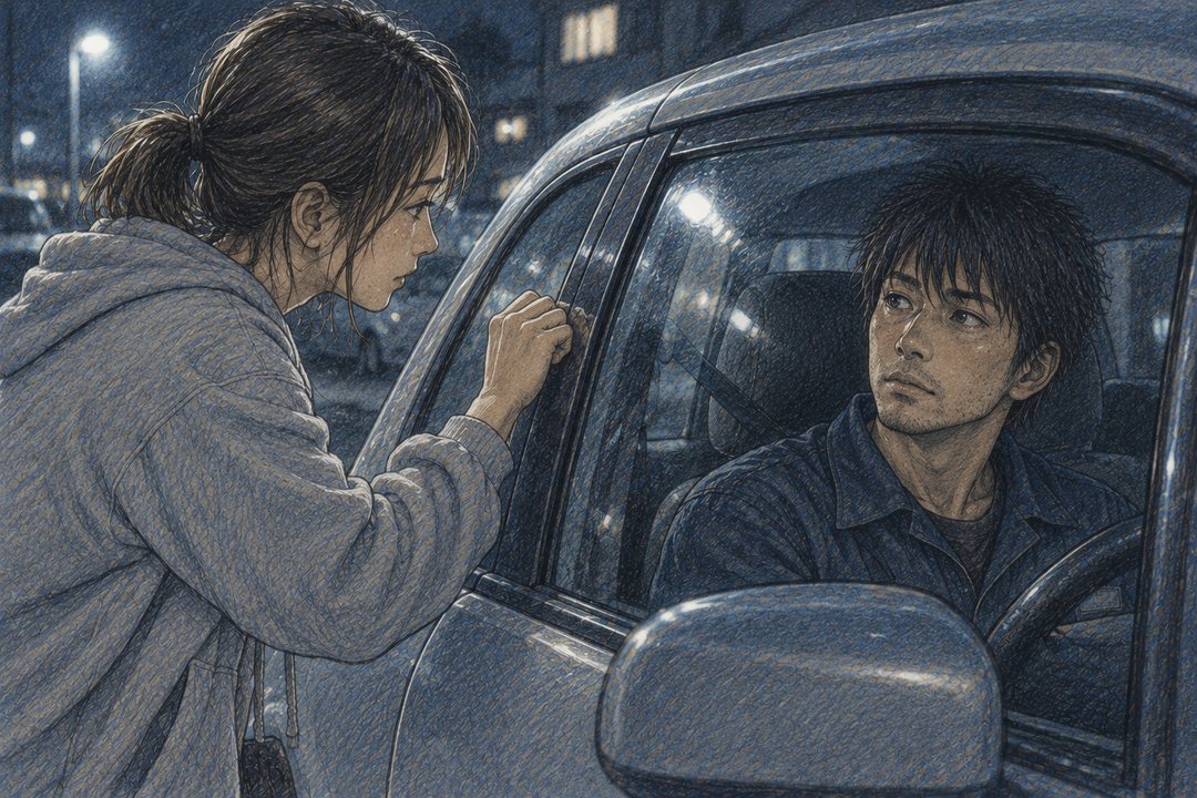 車の窓の外から、女性が指で窓をたたく(左)。車の中で、作業着の男が目を覚まし、ぼんやりこちらを見る(右)。短い黒髪、無精ひげ、目の下のくま。