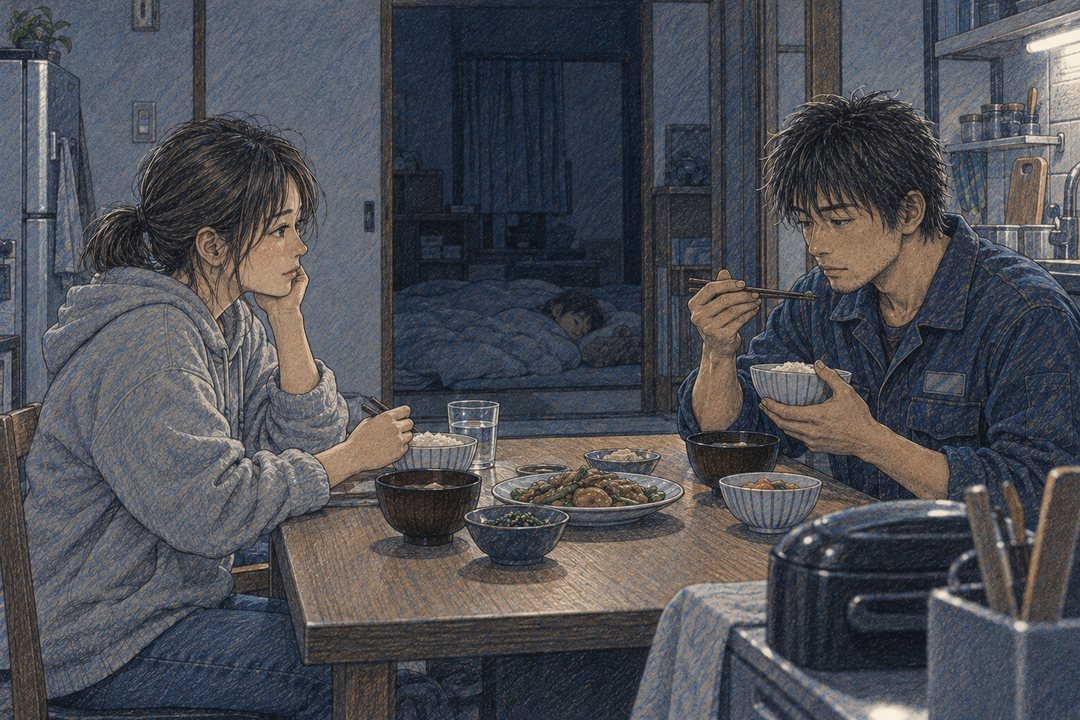 狭い台所の小さなテーブル。右で、作業着のまま遅い夕飯を食べる拓真。左で、向かいに座って頬杖をつく千尋。奥の部屋で、4歳の娘が布団で眠っている。