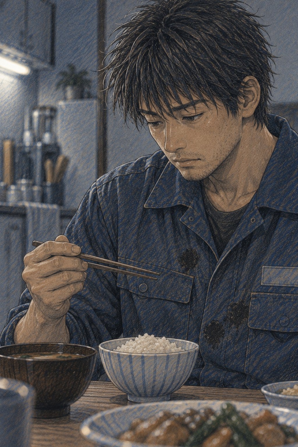 拓真の寄り。箸を止め、目を伏せる。作業着の胸に油の染み。