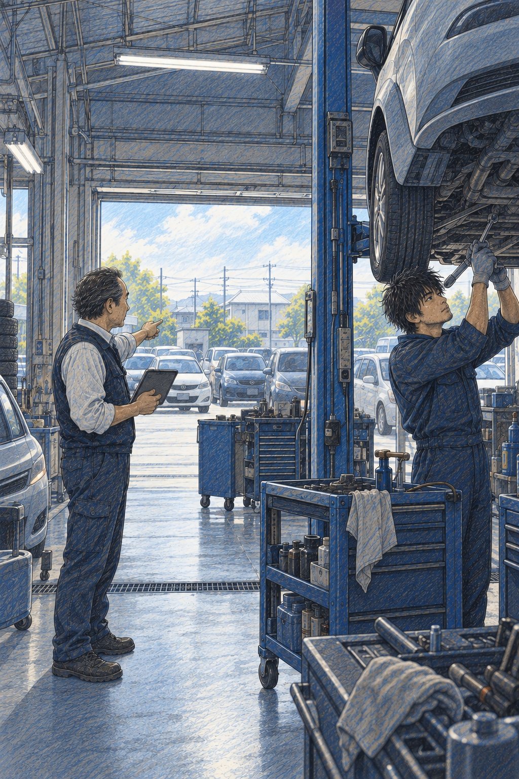 昼の車の販売店の整備工場。リフトに上がった車の下で作業する拓真(右)。左で、工場長がタブレットを手に、入口に並ぶ車の列を指さす。白い天井の光。