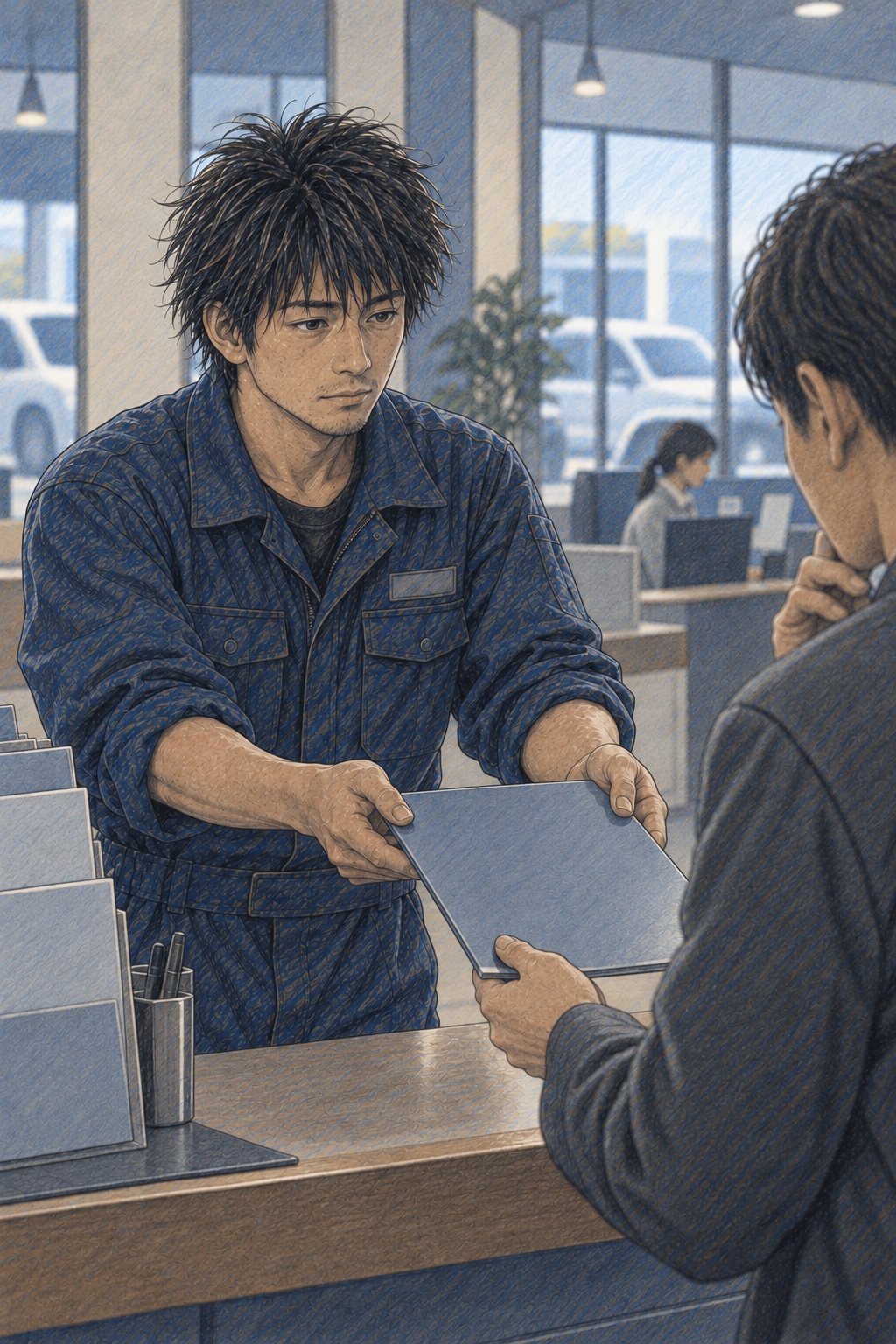 店の受付の前。左で、作業着の拓真が、点検の終わった客に、新車の案内の紙を両手で差し出している。右の手前で、後ろ姿の客が顎に手を当て、受け取りかねている。