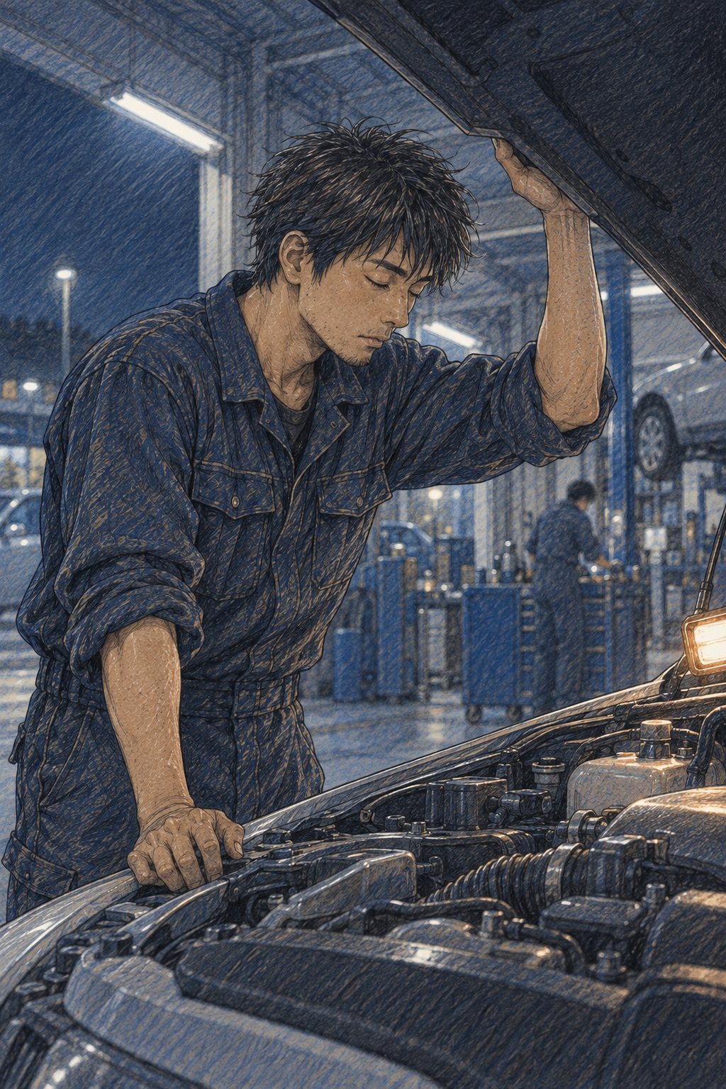 工場の記憶。拓真が、開いたボンネットを片手で支え、もう片手をエンジンの縁にのせて、目を閉じてエンジンの音に耳を澄ます。手前で、エンジンの部品が静かに光る。