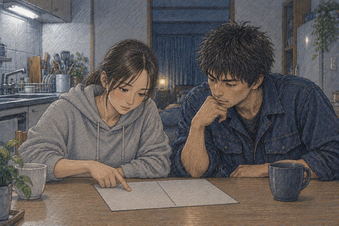 台所。左で、千尋が紙の左の列を指でなぞる。右で、拓真が頬に手を当てて、紙をのぞき込む。