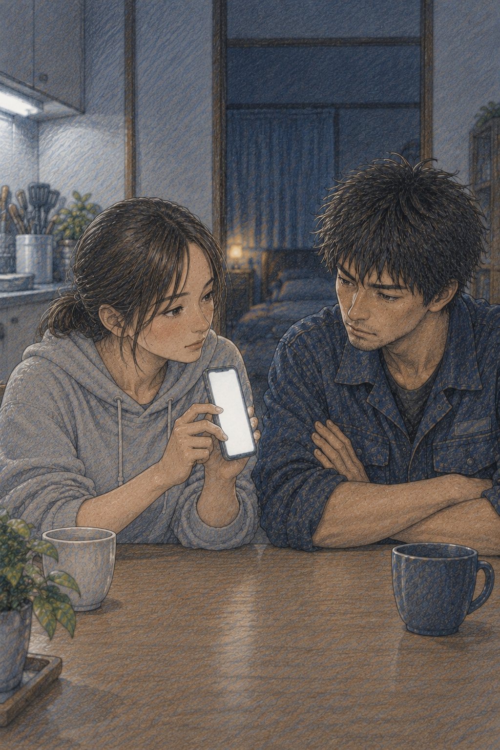 台所。左で、千尋がスマホの画面を拓真に向ける（画面に字は無い）。右で、拓真が腕を組んで疑っている。
