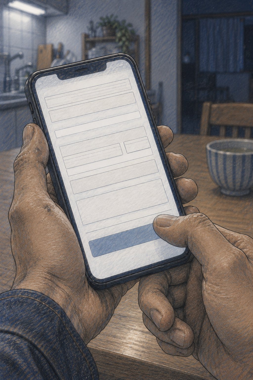スマホの画面の寄り。相談を申し込む入力の画面(字は読めない線と四角だけ)。親指が下の大きなボタンの上で止まっている。
