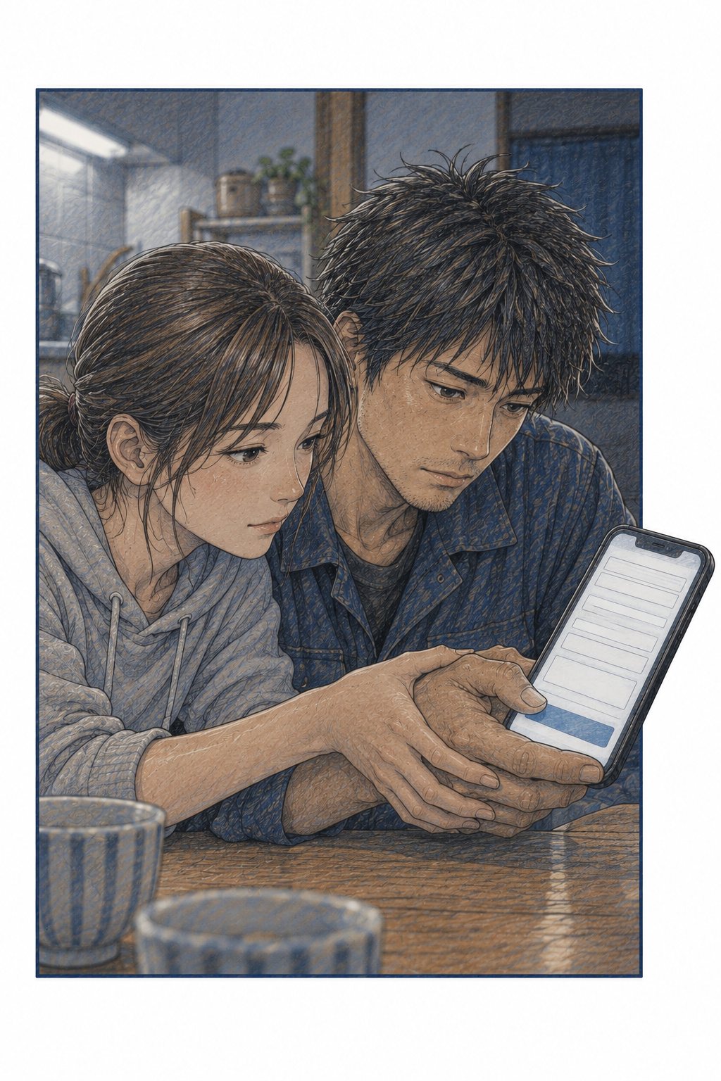 台所のテーブルの上。左から千尋の手が、拓真の手ごとスマホを包む。拓真の親指がボタンを押す。スマホの角が、絵の枠の右の線を越えて外へ出る。