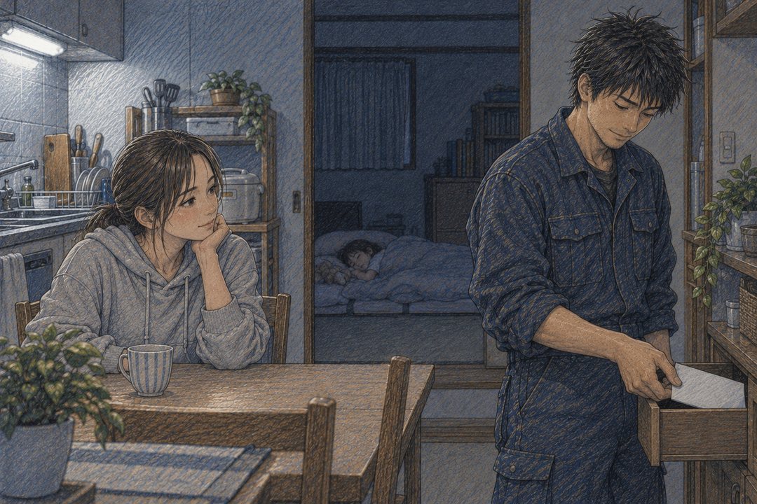 台所。右で、拓真が白い封筒を引き出しにしまいながら、少し照れて笑う。左で、千尋がほっとして頬杖をつく。奥の布団で、娘が寝返りを打ち、寝言を言う。