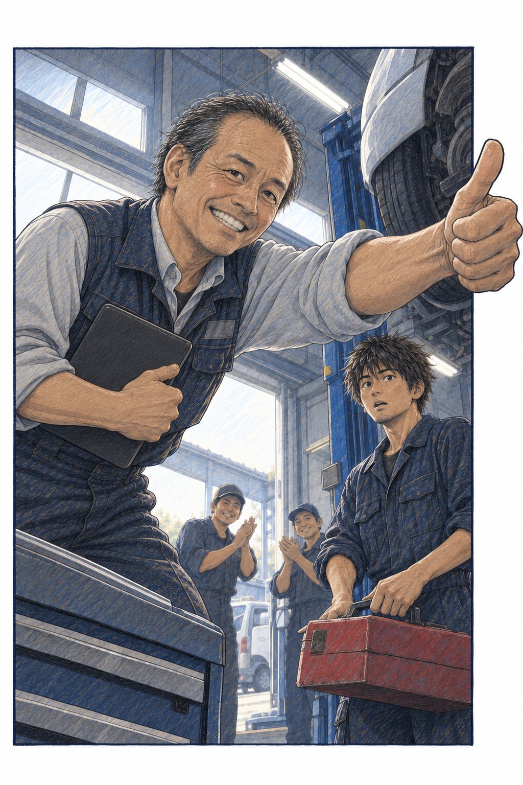 朝の整備工場。左で、工場長がタブレットを脇に抱え、もう片方の手を突き出して親指を立て、満面の笑み。立てた親指が、絵の枠の右の線を越えて外へ出る。右で、作業着の拓真が工具箱を提げたまま固まる。奥で、同僚の整備士2人が手をたたく。