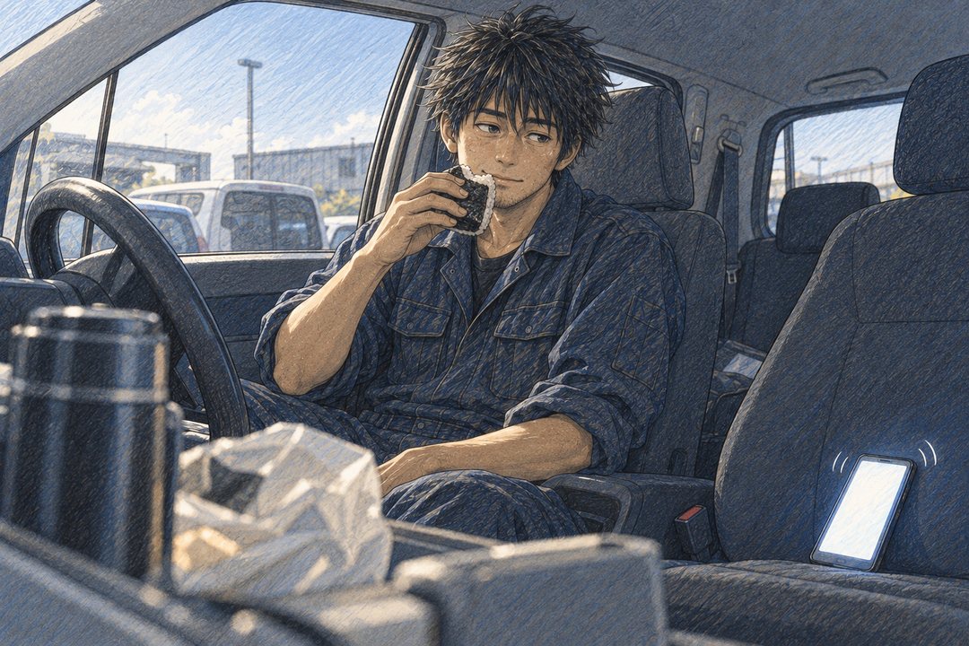 昼の駐車場に止めた軽自動車の運転席。作業着の拓真が、コンビニのおにぎりをかじっている。助手席に置いたスマホの画面が光って震えている（画面に字は無い）。