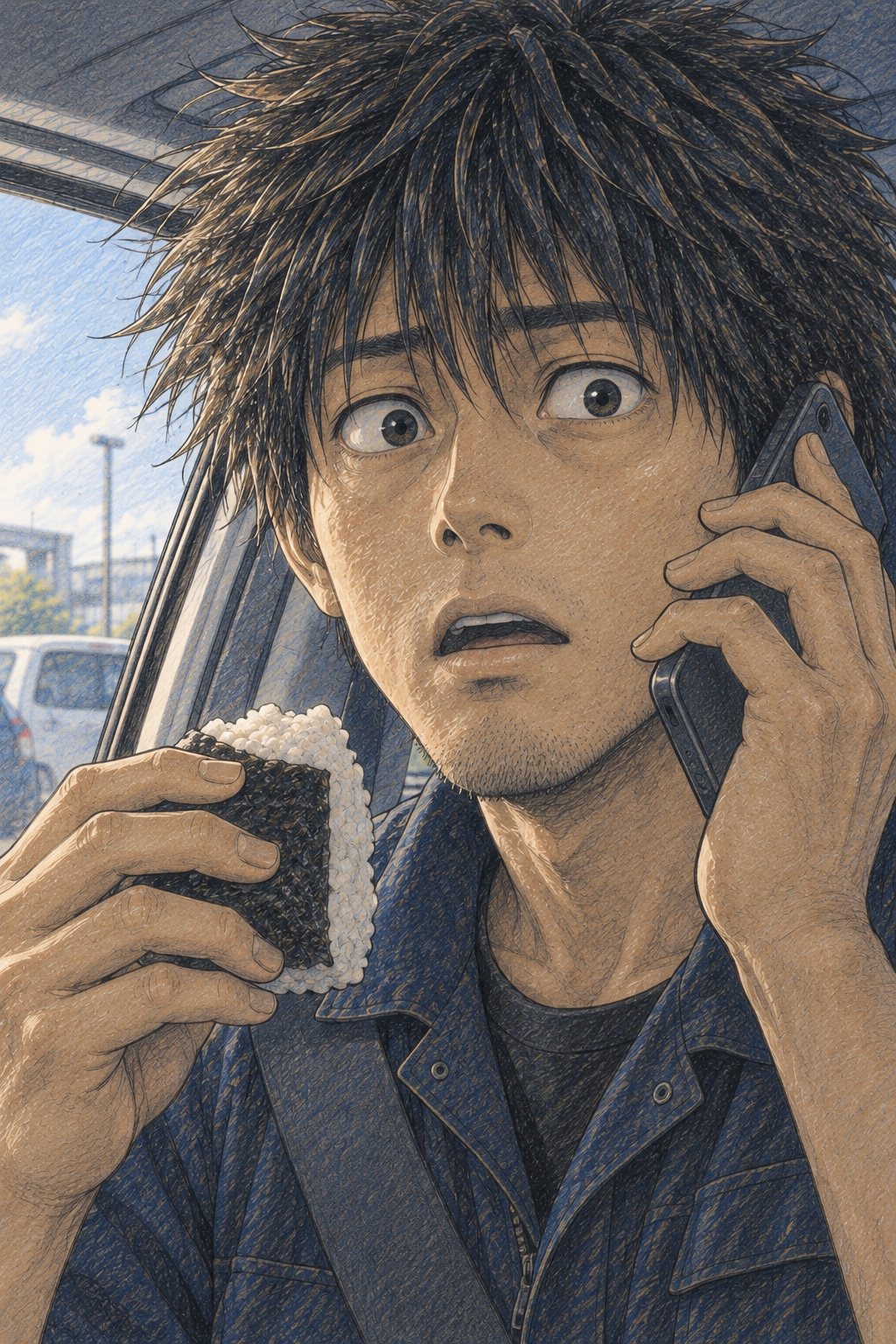 運転席の拓真が、スマホを耳に当て、おにぎりを持った手を止めて目を丸くする。フロントガラスの外は昼の光。