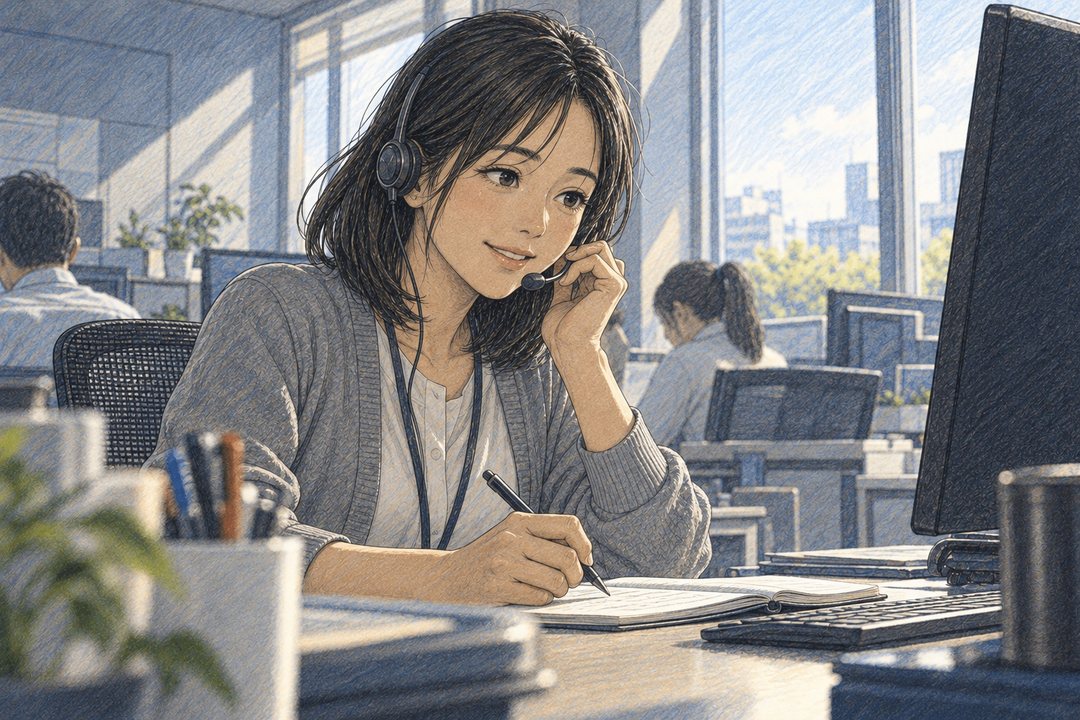 明るい事務所の机。ヘッドセットを付けた30代の女性の担当が、開いたノートにペンを置き、電話の向こうへ穏やかにほほえむ。机の上のパソコンの画面に字は無い。