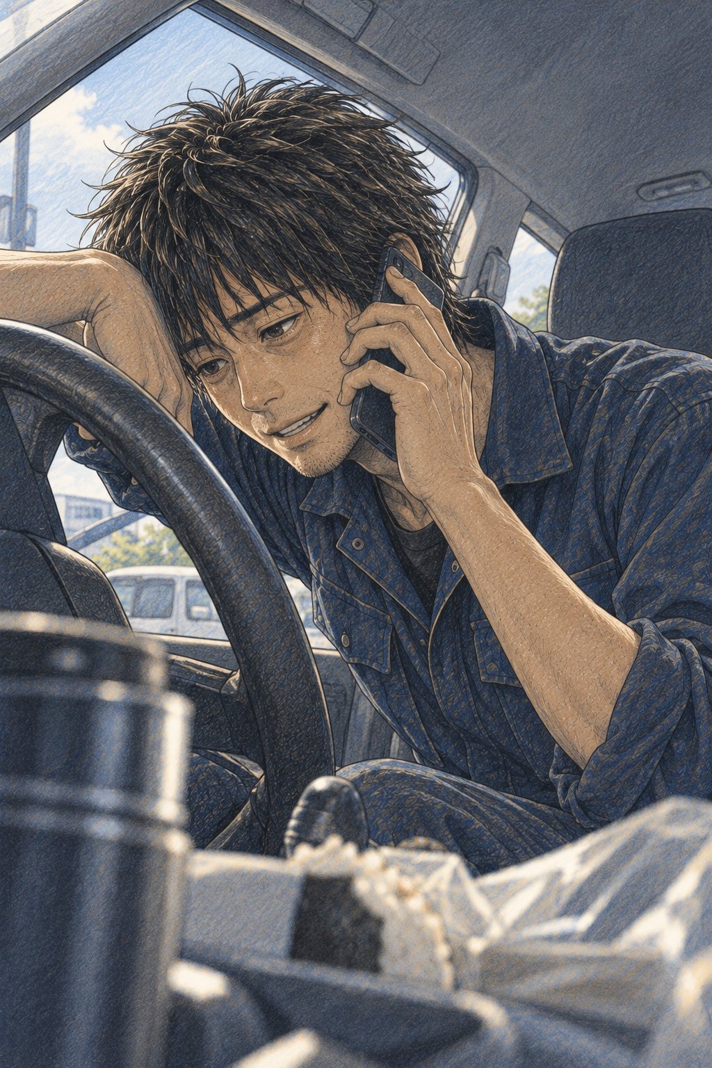 車の中の拓真。スマホを耳に当てたまま、ハンドルに掛けた腕に頭を預けて、困ったように小さく笑う。