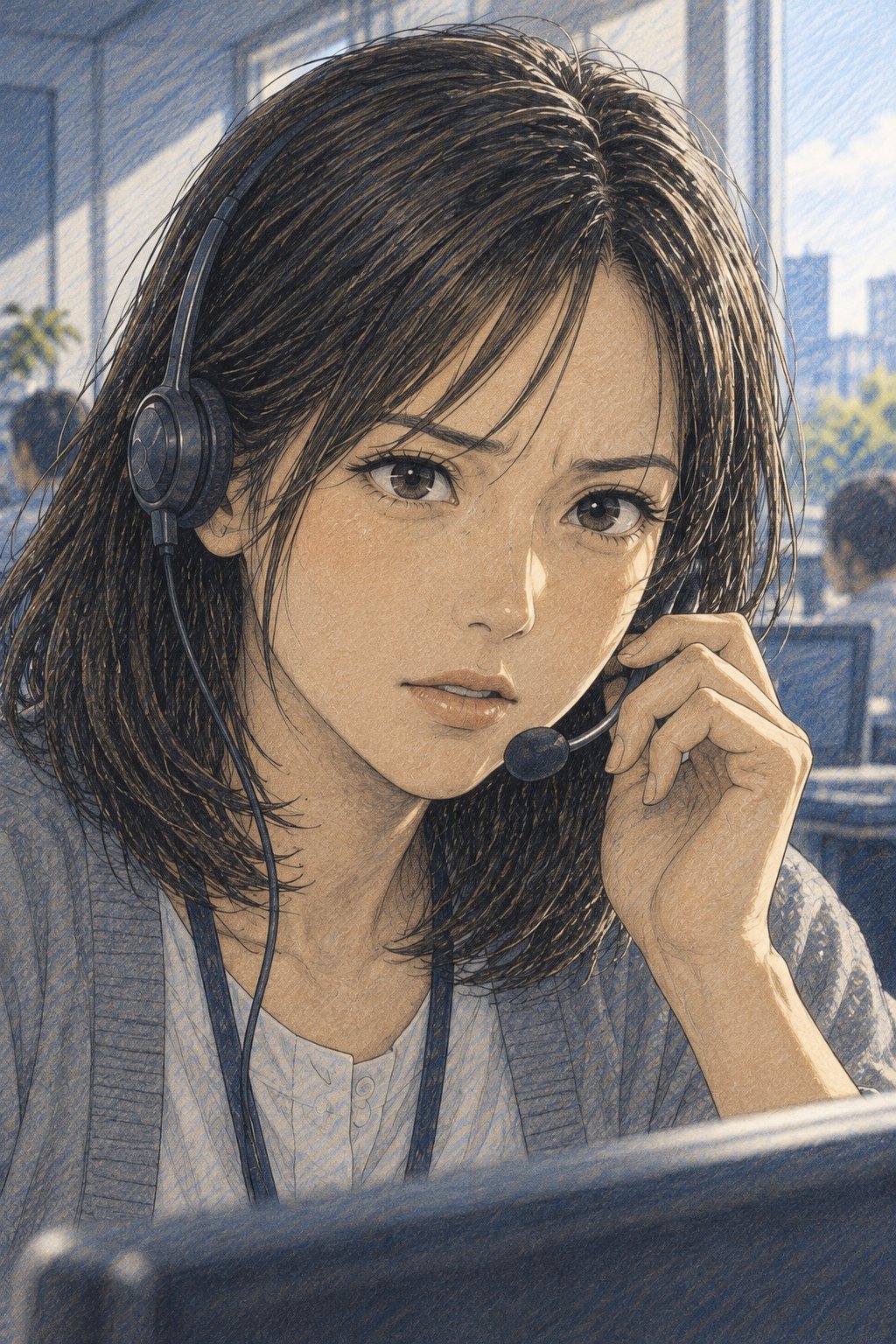 事務所の担当の三好の寄り。ヘッドセットのマイクに指を添え、まっすぐ前を見て問いかける。