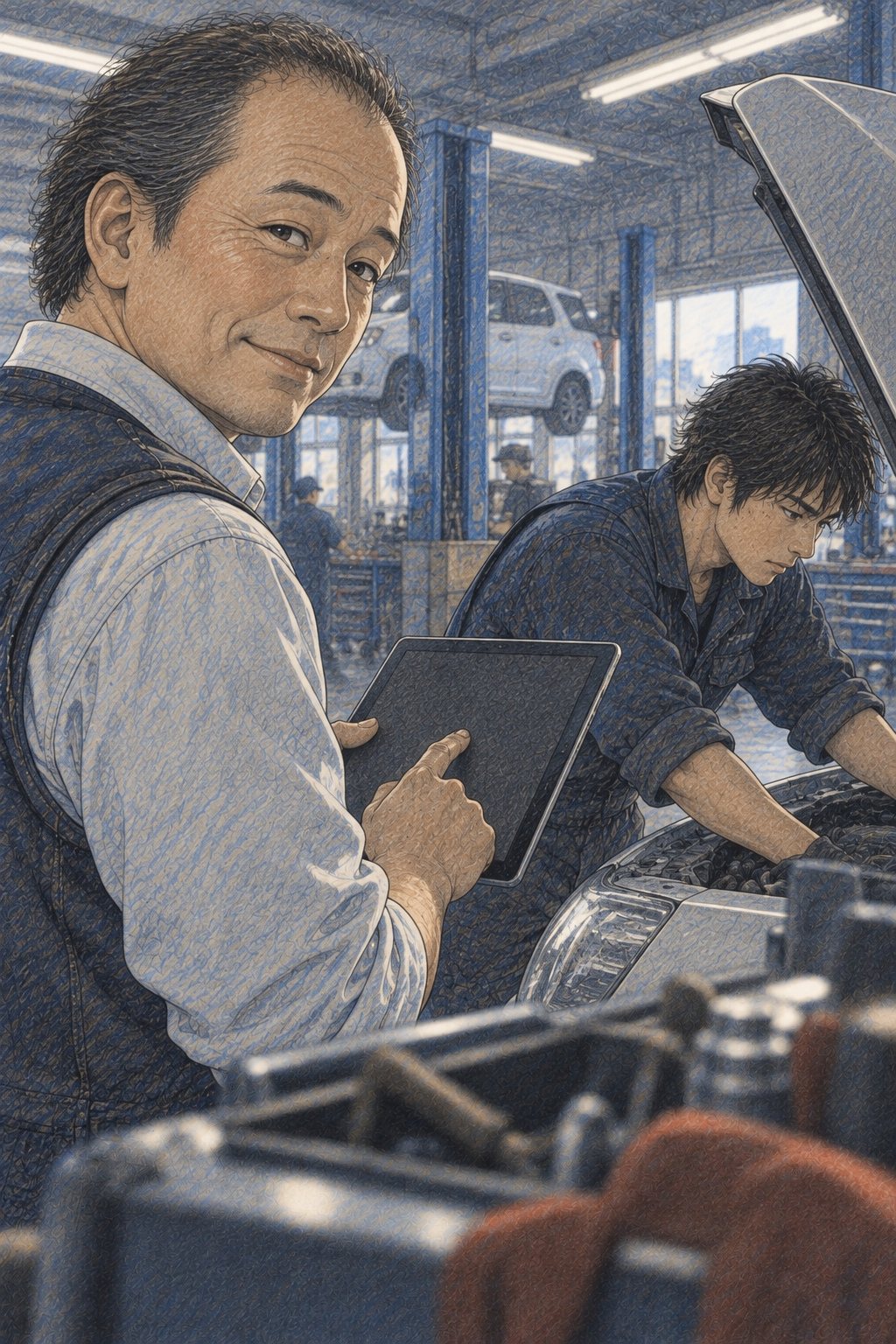 午後の整備工場。右で、拓真がボンネットを開けた車のエンジンをのぞき込む。左の手前で、工場長がこちらへ振り向き、片方の眉を上げて笑いながら、胸の前のタブレットを指でたたく(画面に字は無い)。