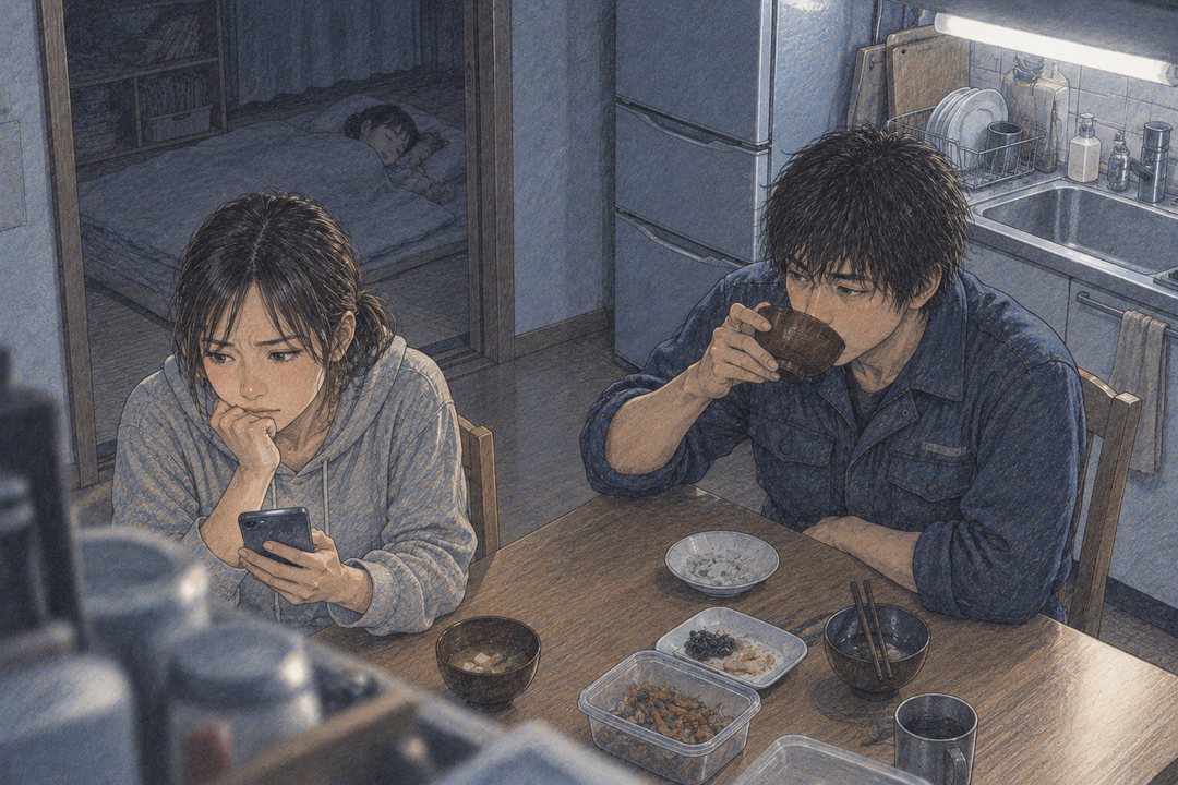 夜の狭い台所の小さなテーブル。右で、作業着の拓真が冷めた味噌汁をすする。左で、千尋がスマホを見ながら眉を寄せる。奥の部屋で、娘が布団で眠っている。